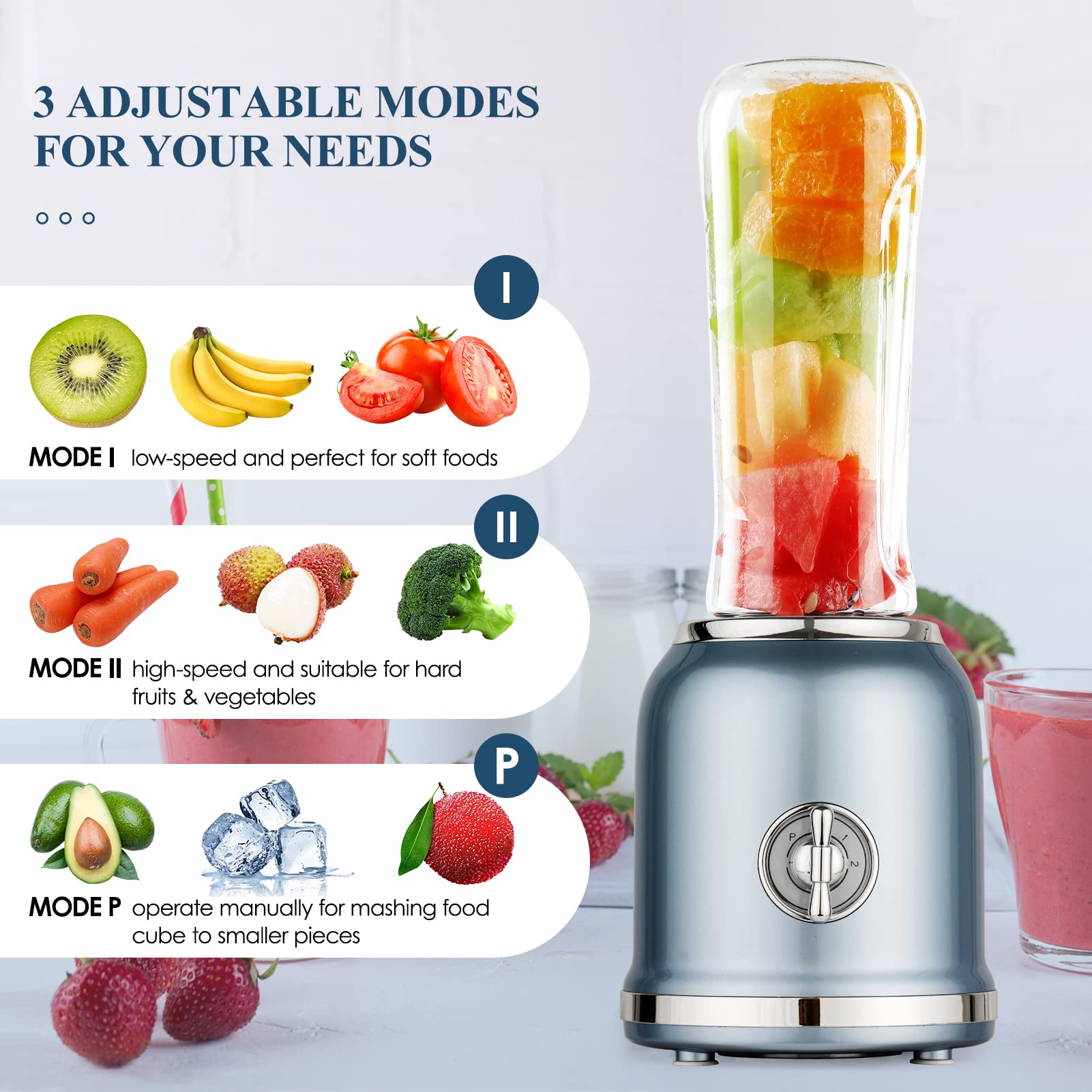 **High-Speed 6-Blade Smoothie Blender - Personal Mini Blender for Shakes, Smoothies & Food Prep - 3 Adjustable Speeds, BPA-Free, Includes 2 Travel Cups - Perfect for Kitchen, Gym & On-the-Go Blending**