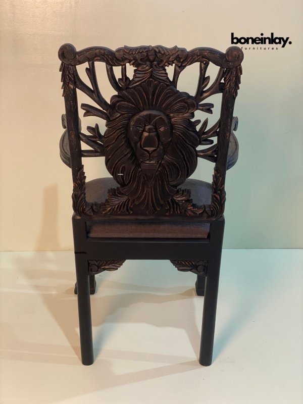 Hand Carved Black Lion Dining Chair - Solid Wood Animal Print Accent Chair for Dining Room, Living Room, or Home Office - Perfect for Farmhouse, Bohemian & Eclectic Decor Styles