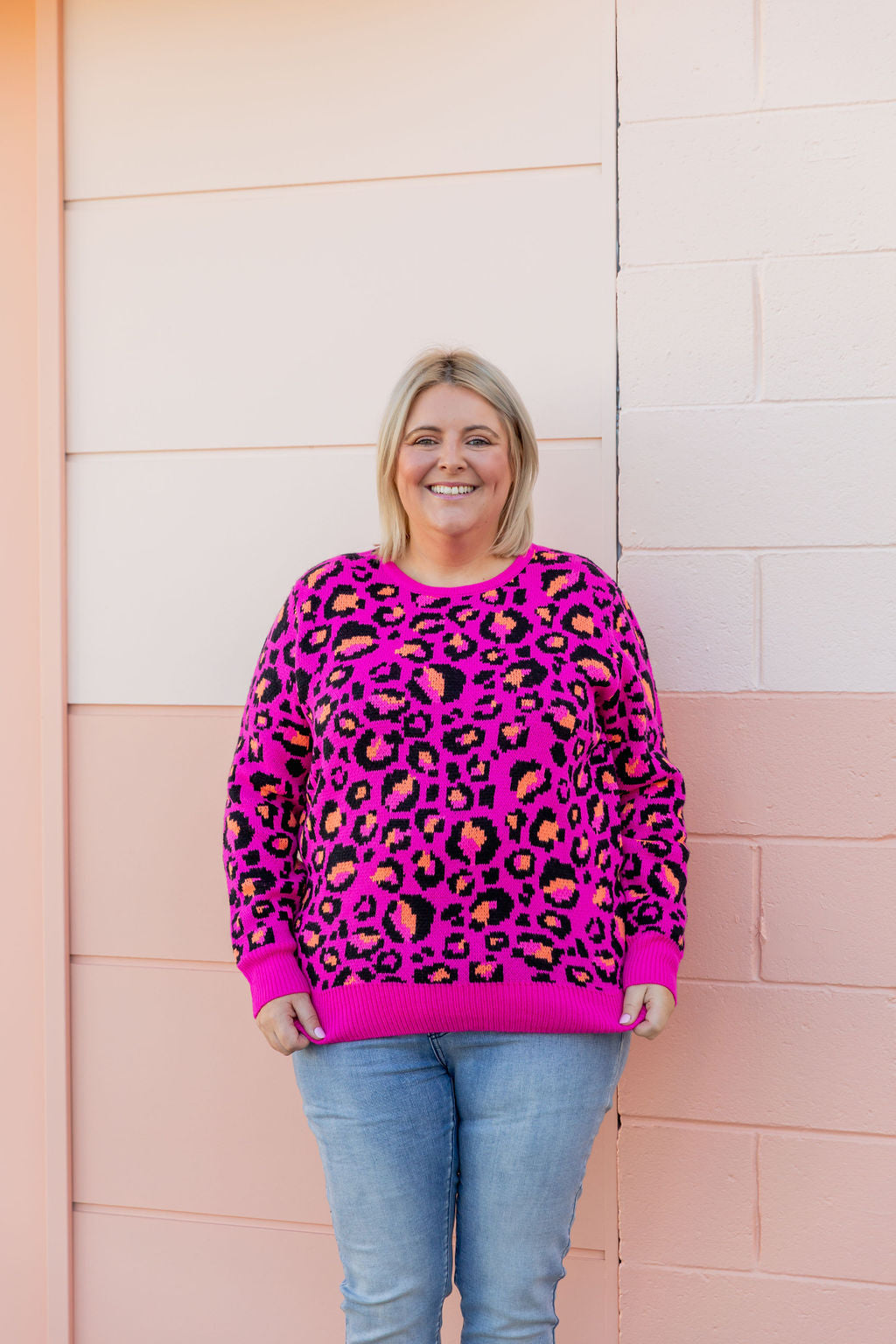 Kasey Rainbow Frankie Knit Sweater - Pink Leopard Print Women's Pullover | Cozy Winter Fashion for Casual Outings & Date Nights