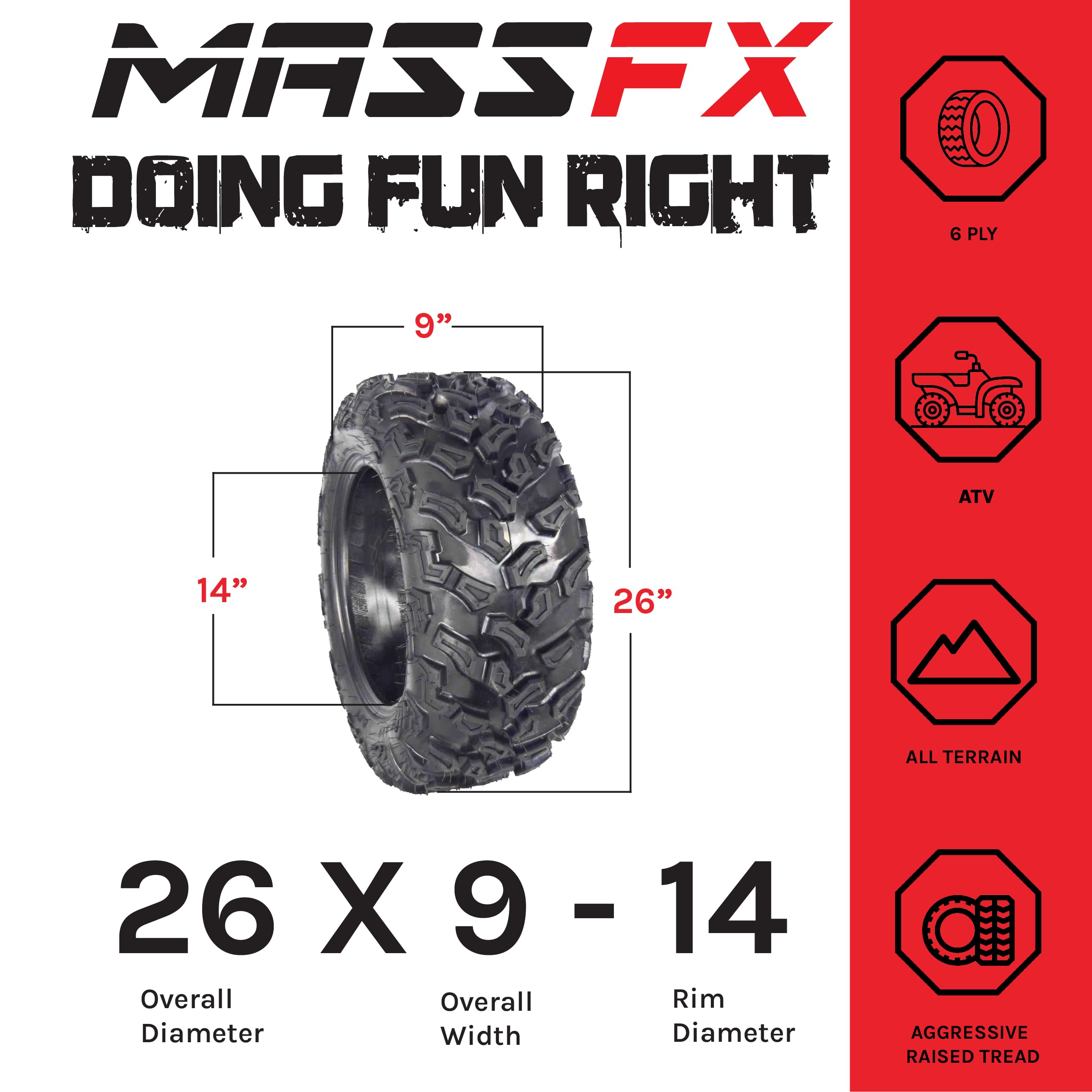 MASSFX SL Off-Road 26x9-14 Front & 26x11-14 Rear ATV/UTV Tires 6-Ply - Heavy Duty All-Terrain Tires for Side by Sides (SxS) - Perfect for Mud, Sand & Trail Riding - Set of 4 (2 Front & 2 Rear)