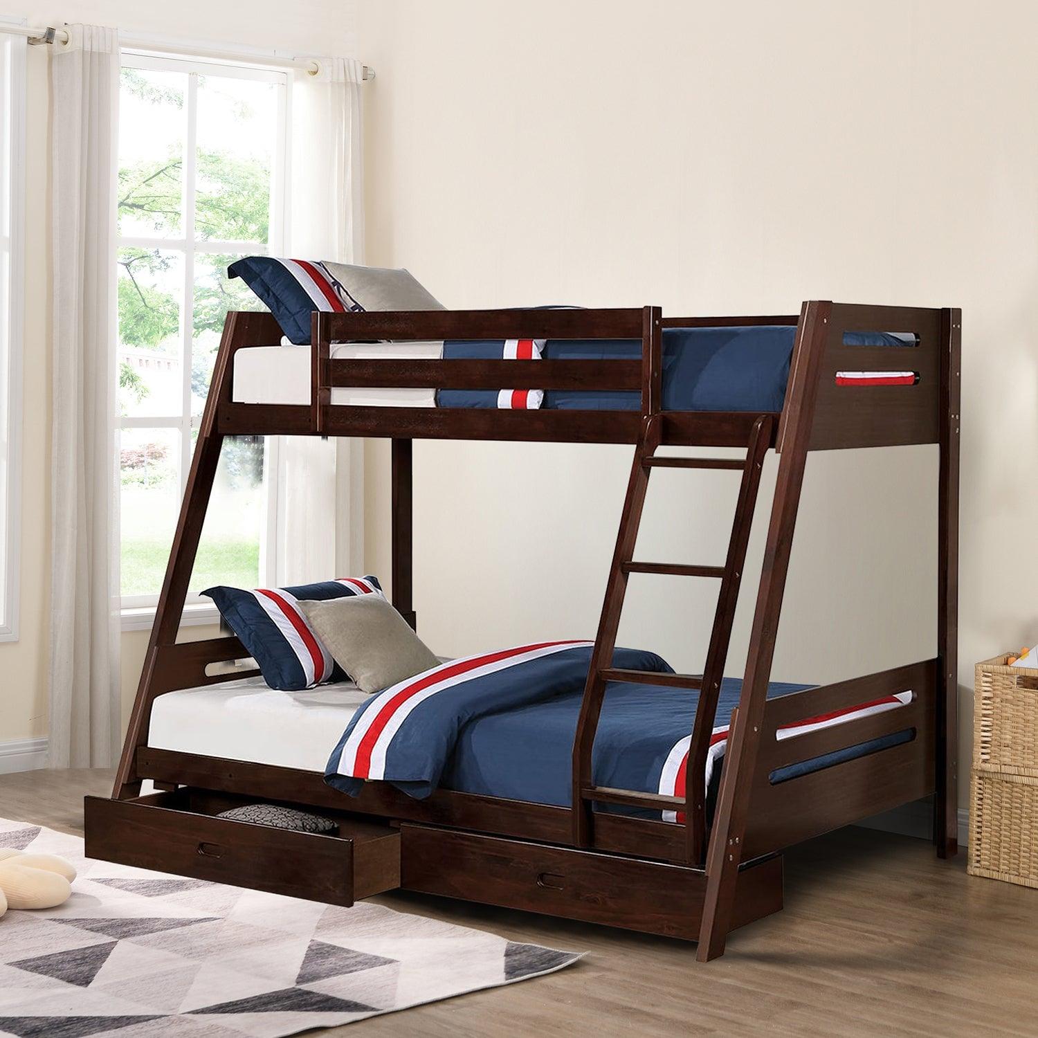 Solid Wood Twin/Full Bunk Bed with Reversible Angled Ladder & Underbed Drawers - Sturdy Kids Bunk Bed for Small Spaces, Bedroom & Guest Room - Perfect for Siblings, Sleepovers & Space Saving