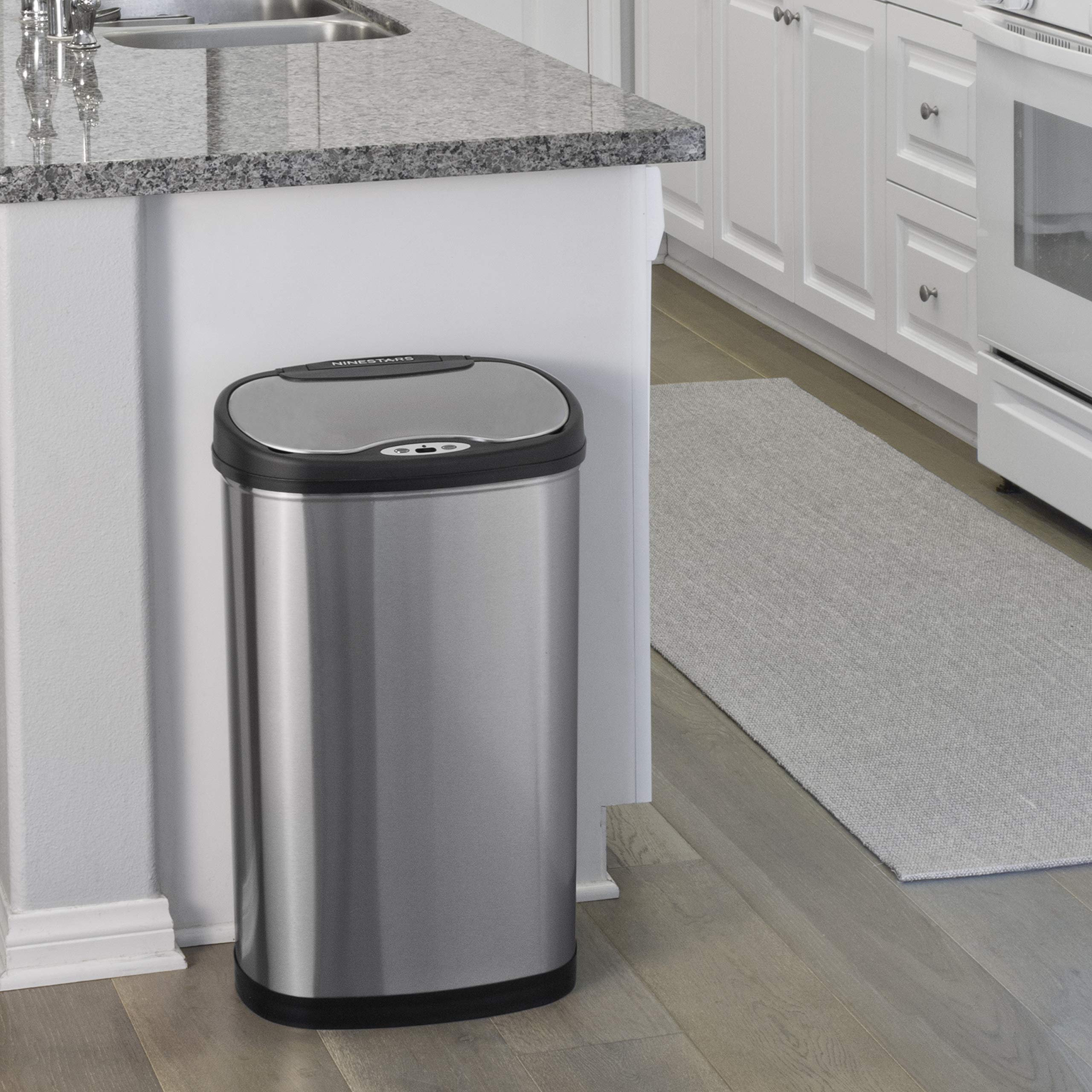 NINESTARS Automatic Touchless Infrared Motion Sensor Trash Can Combo Set - 13 Gal (50L) & 3 Gal (12L) Stainless Steel Base with Silver/Black Lid, Oval Shape - Perfect for Kitchen, Bathroom, Office & Home Use