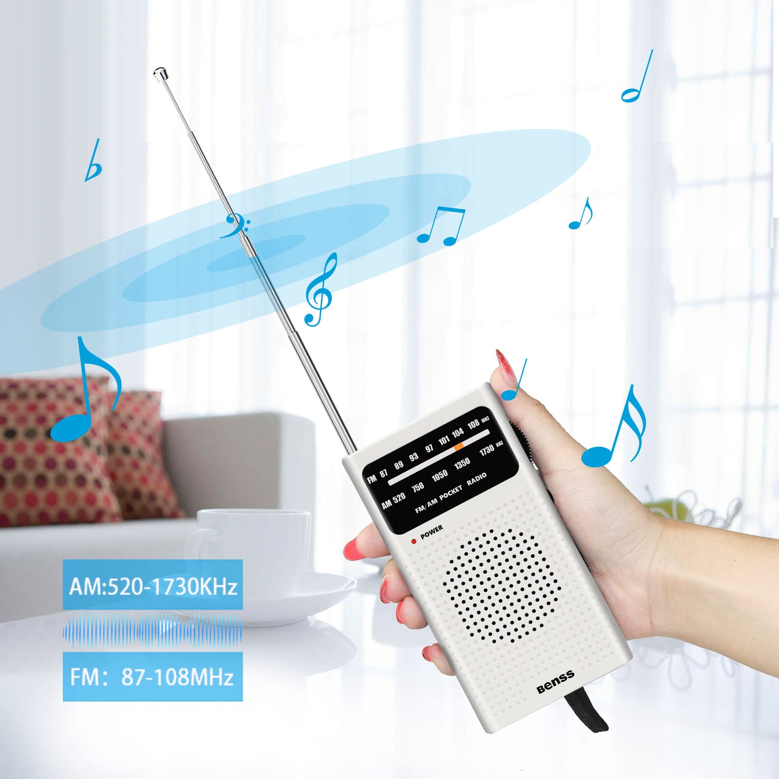 Benss Portable AM FM Radio - Best Reception, 2AA Battery Operated with Speaker & Headphone Jack | Pocket-Sized Transistor Radio for Home, Office, Camping, Hiking & Emergency Preparedness (White)