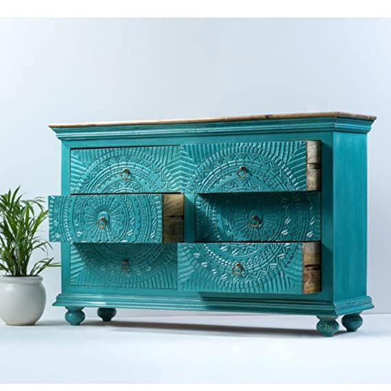 Handmade Sapphire Mandala Carved Wooden Dresser with 6 Drawers - Elegant Bohemian Bedroom Furniture for Home Decor & Storage Solutions