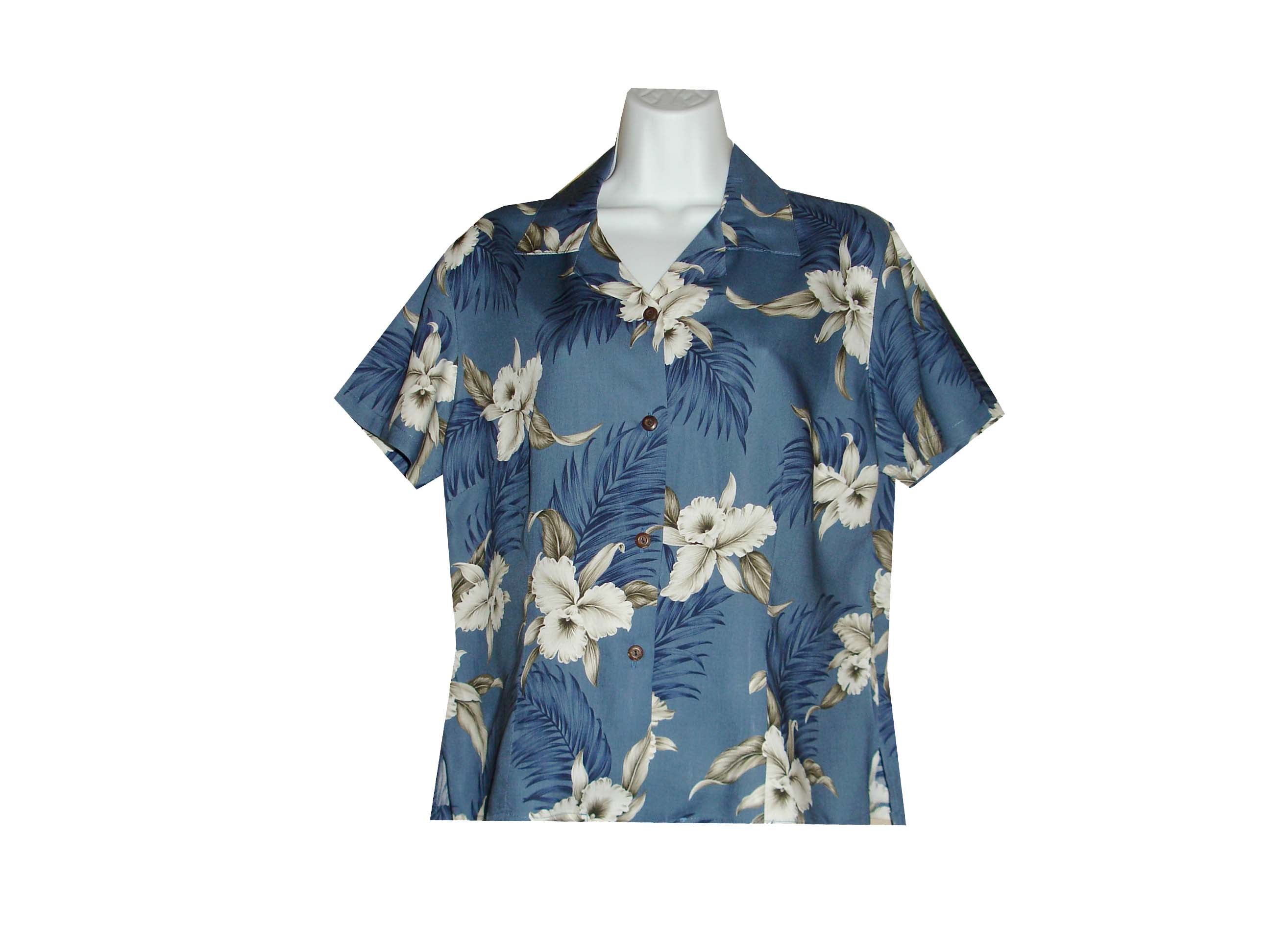 Women's Rayon Aloha Shirt with Lulumahu Orchid Print - Lightweight Hawaiian Floral Shirt for Beach Vacation & Summer Outfits