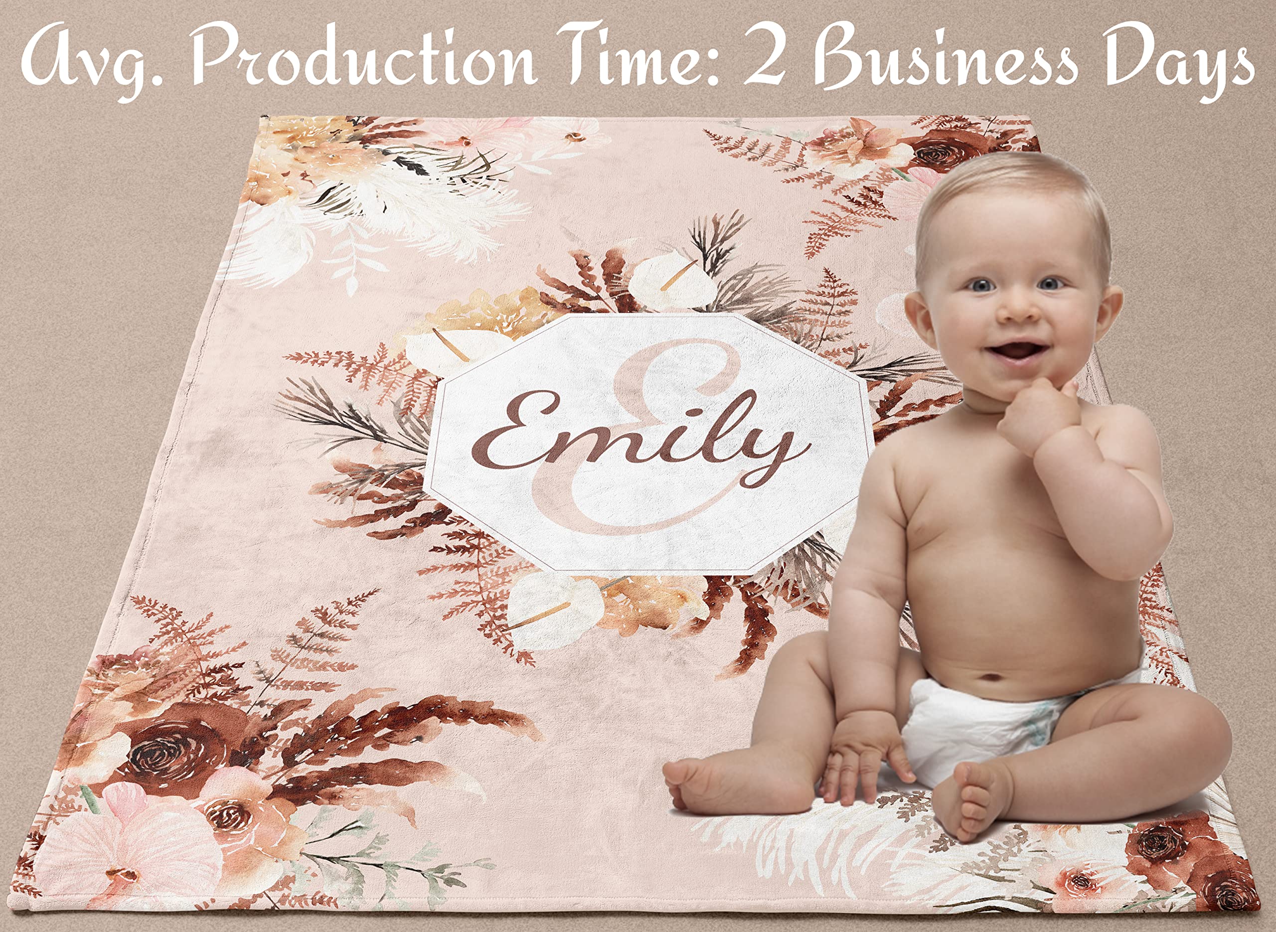 Custom Personalized Baby Blankets with Name - Soft Beige Boho Floral Design for Girls - Unique Newborn & Kids Baby Gifts for Shower, Birthday & Nursery Decor