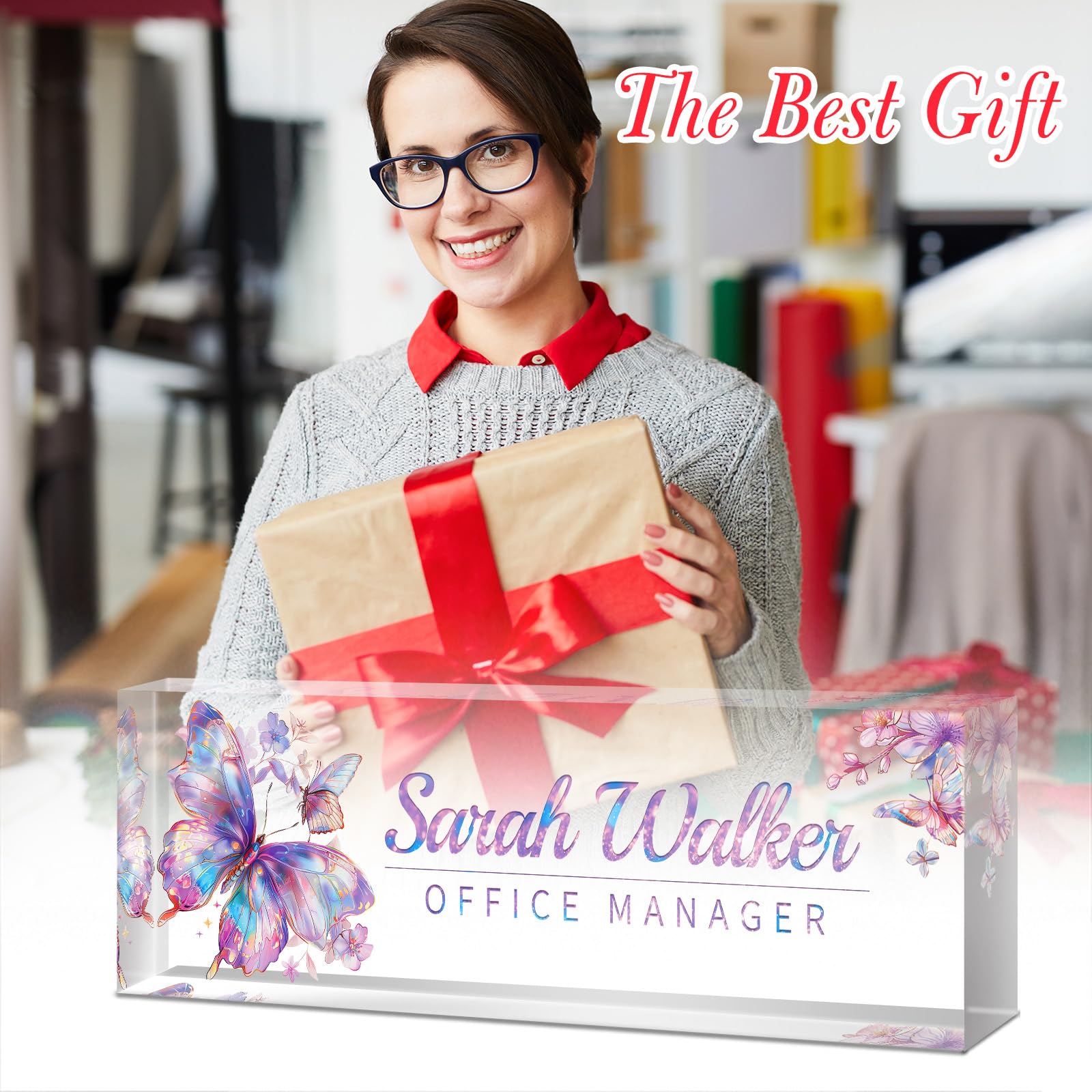 Personalized Acrylic Desk Name Plate - Custom Office Name Sign for Coworkers, Employees, Teachers & Bosses - Elegant Purple Gilt Butterfly Design - Perfect for Appreciation Gifts & Office Decor (Ideal for Workspace Organization & Professional Gifting)