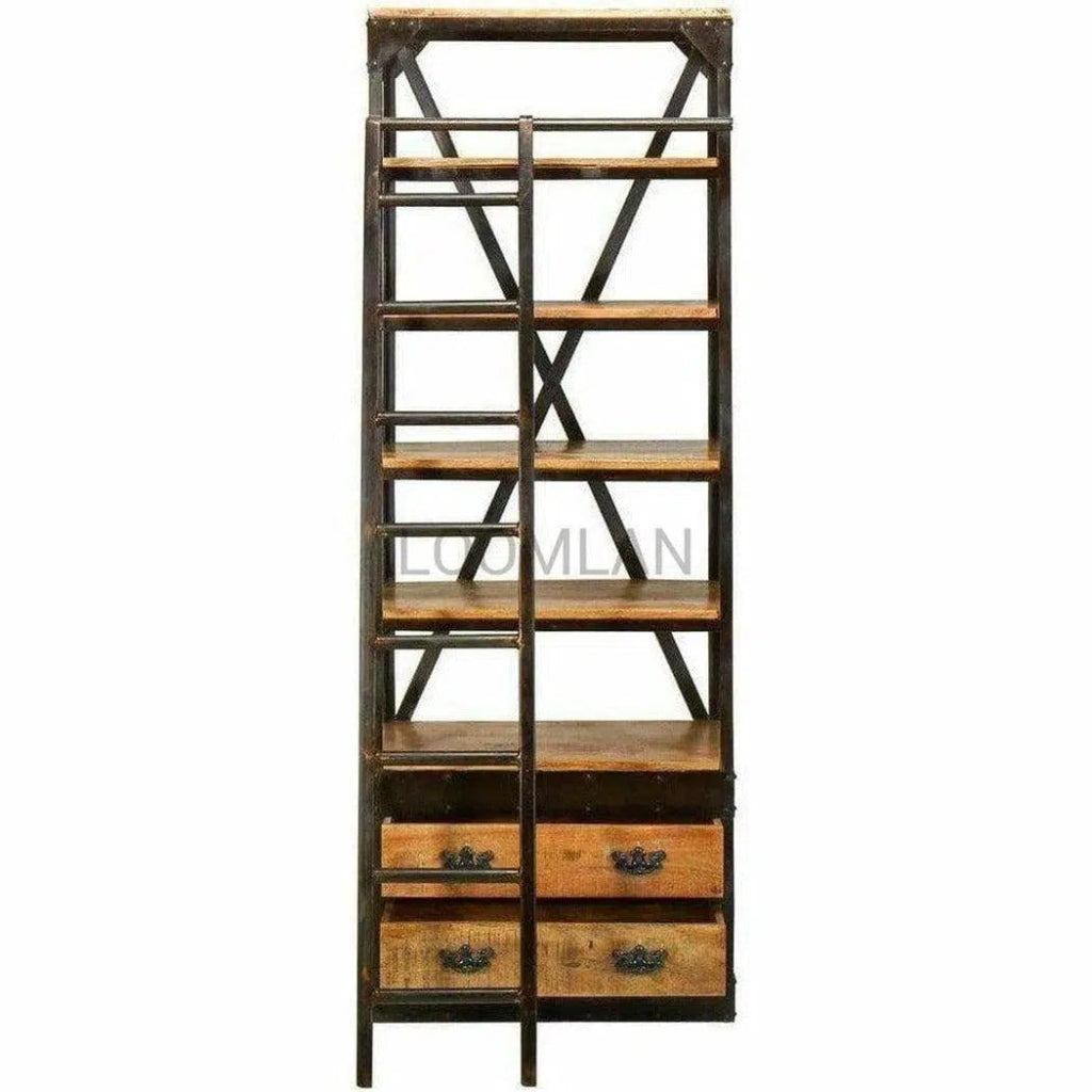 80x32 Inch Industrial Style Library Bookcase with Ladder - Sturdy Wooden Bookshelf for Home Office, Study Room or Classroom Storage Organization