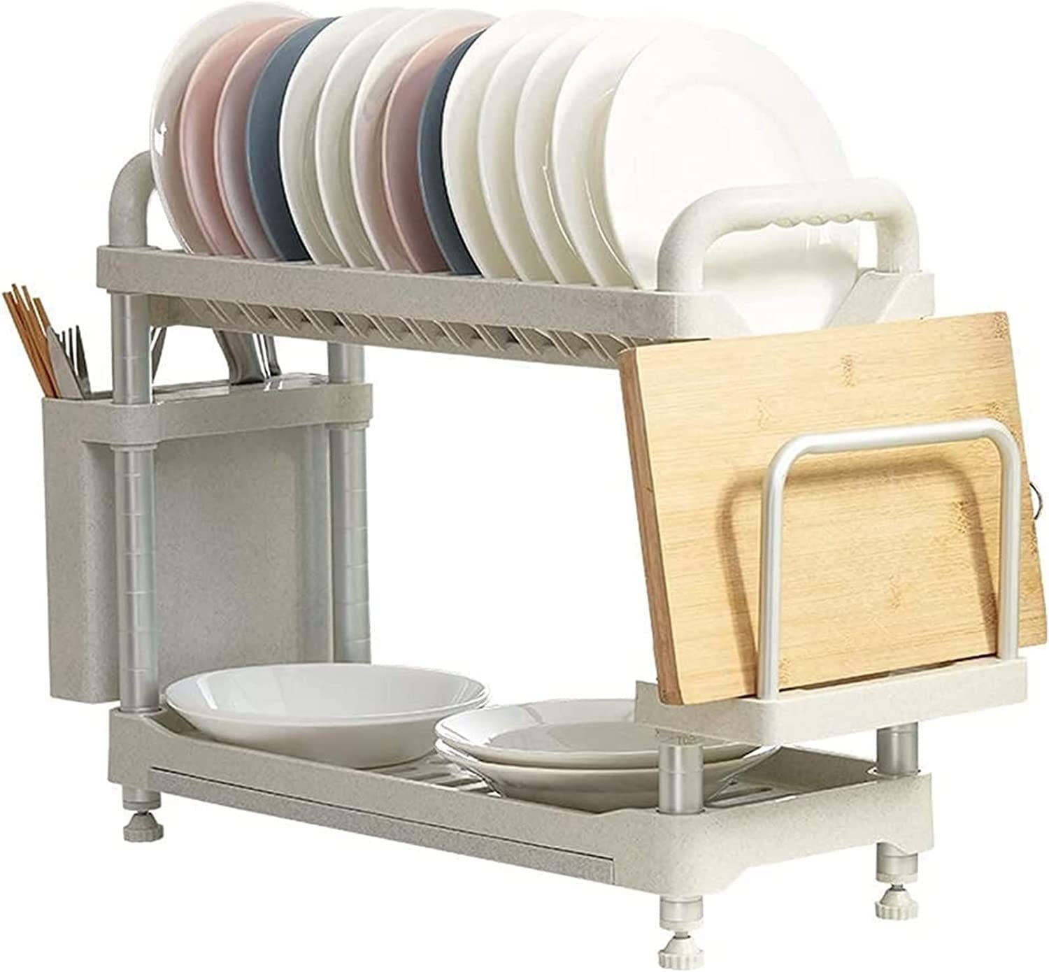 2-Tier Dish Drainer Rack with Knife Holder - Double Layer Plastic Cutting Board & Utensil Organizer - 25.6