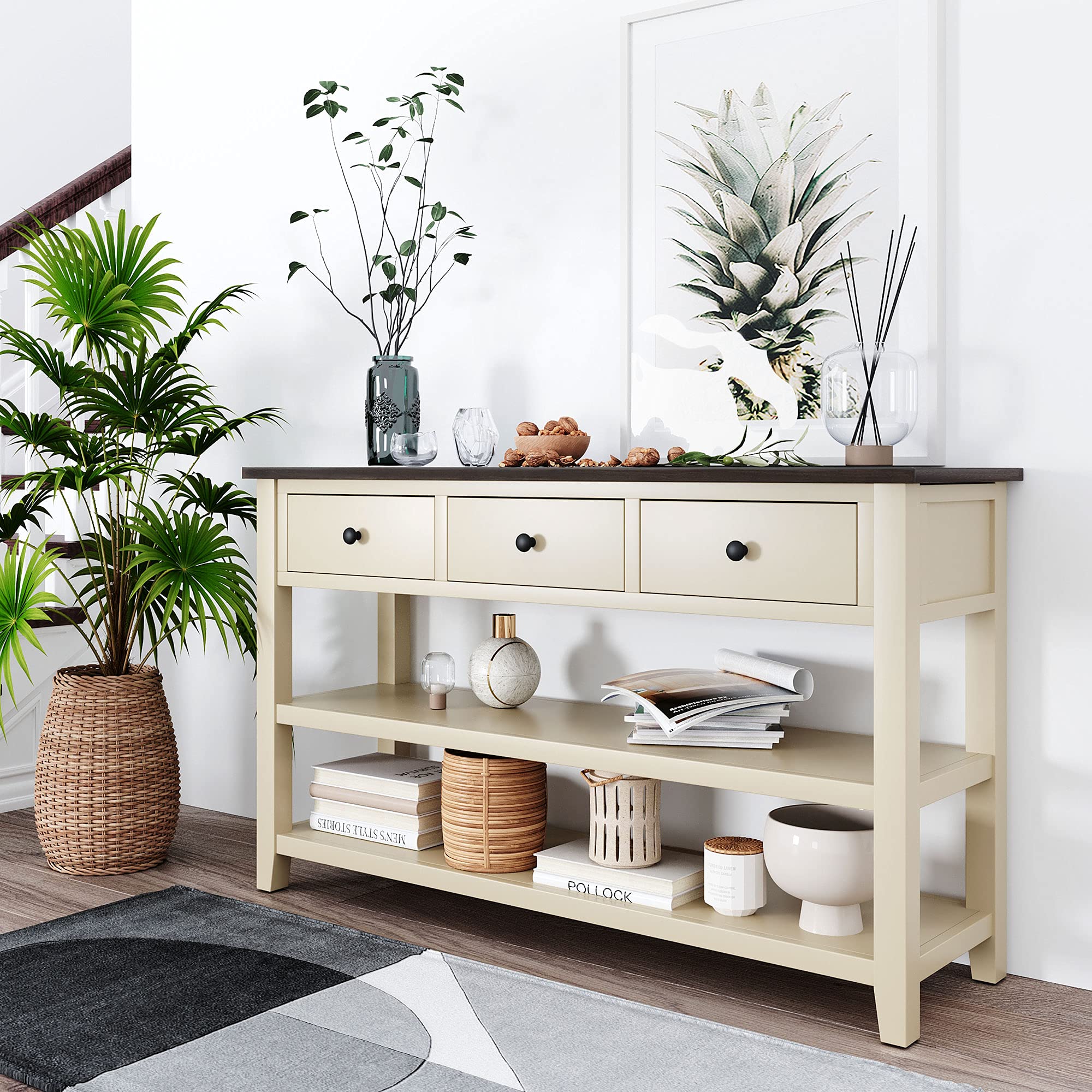 50 Inch Rustic Console Table with 3 Drawers & 2-Tier Open Shelf - Entryway Sofa Table for Living Room, Hallway - Beige Wooden Storage Solution for Home Decor