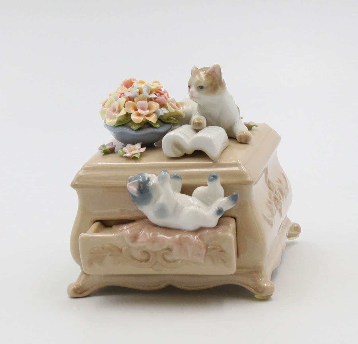 80043 Fine Porcelain Two Kittens Playing Around Dresser with Flower Pot Music Box Figurine (Plays 'You've Got A Friend' Melody) - 4.5 Inch Collectible Home Decor for Living Room, Bedroom & Gift Giving