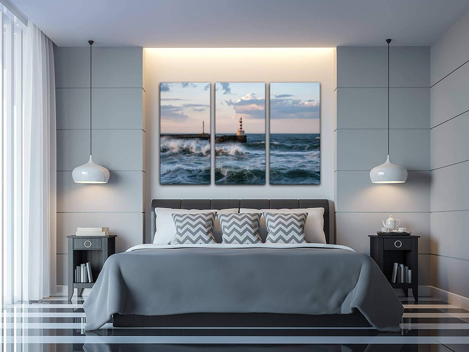 Stormy Coast Canvas Wall Art - 3 Panels Lighthouse Painting for Living Room & Bedroom Decor
