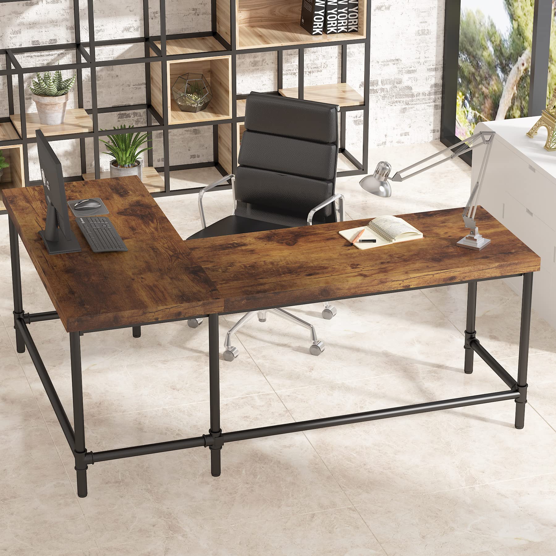 Tribesigns 67 Inch L-Shaped Computer Desk - Reversible Corner Office Desk with Metal Pipe Legs, Industrial Style Workstation for Home Office, Study & Gaming (Rustic Brown) | Perfect for Small Spaces & Multi-Monitor Setups