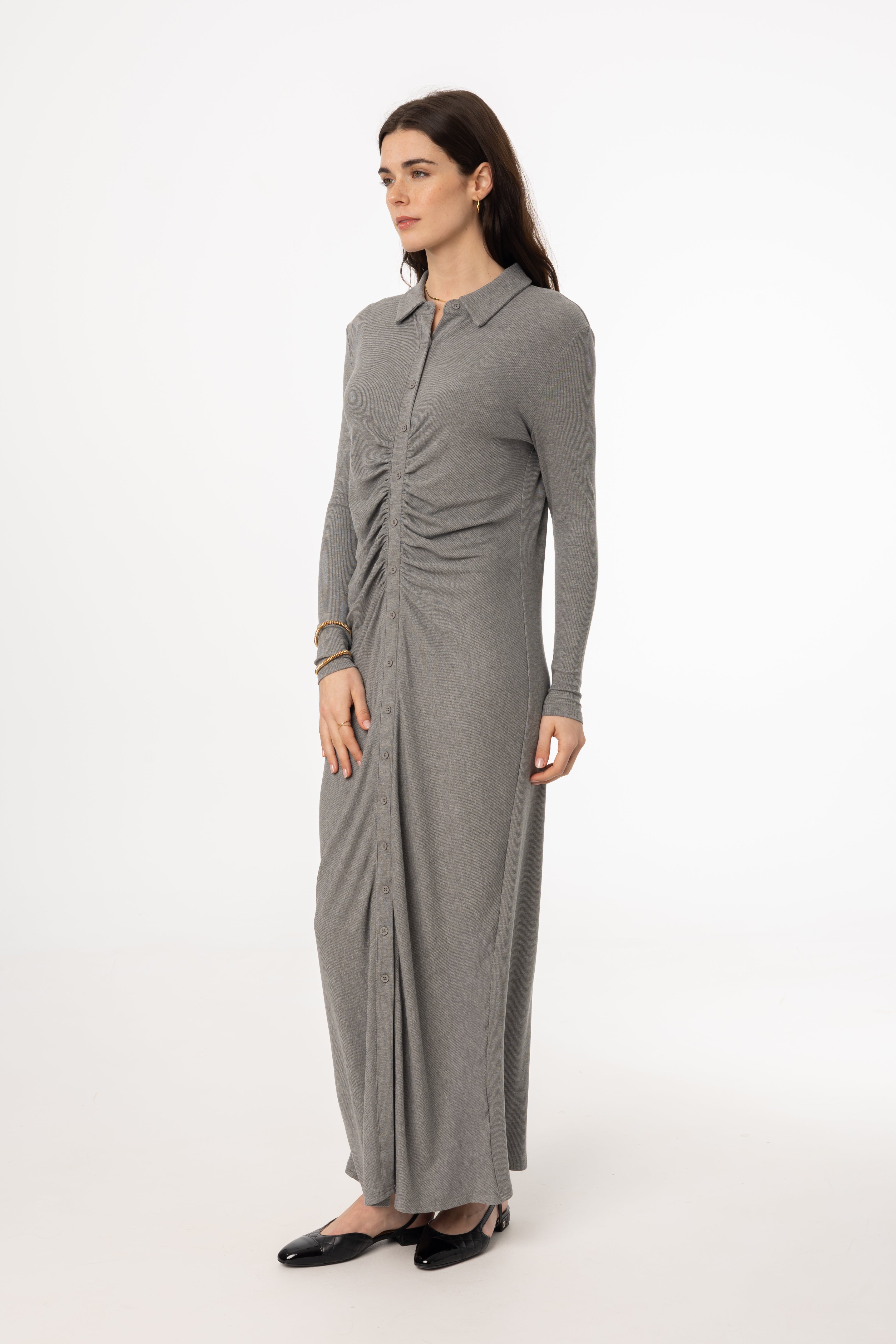 Grey Ruched Maxi Cardigan Dress for Women - Elegant Long Sleeve Wrap Sweater Dress for Fall & Winter, Perfect for Office, Date Night and Special Occasions