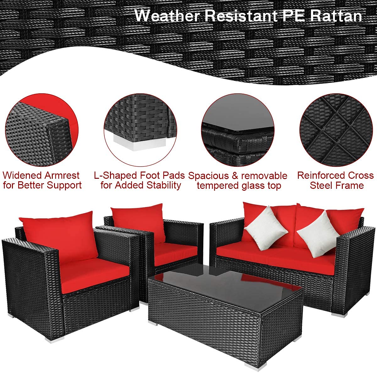 4-Piece Patio Rattan Chair Set with Tempered Glass Coffee Table & Cushions - Outdoor Wicker Sectional Sofa Conversation Set for Garden, Yard, Poolside (Red) - Perfect for Relaxing, Entertaining & Lounging in Your Outdoor Space