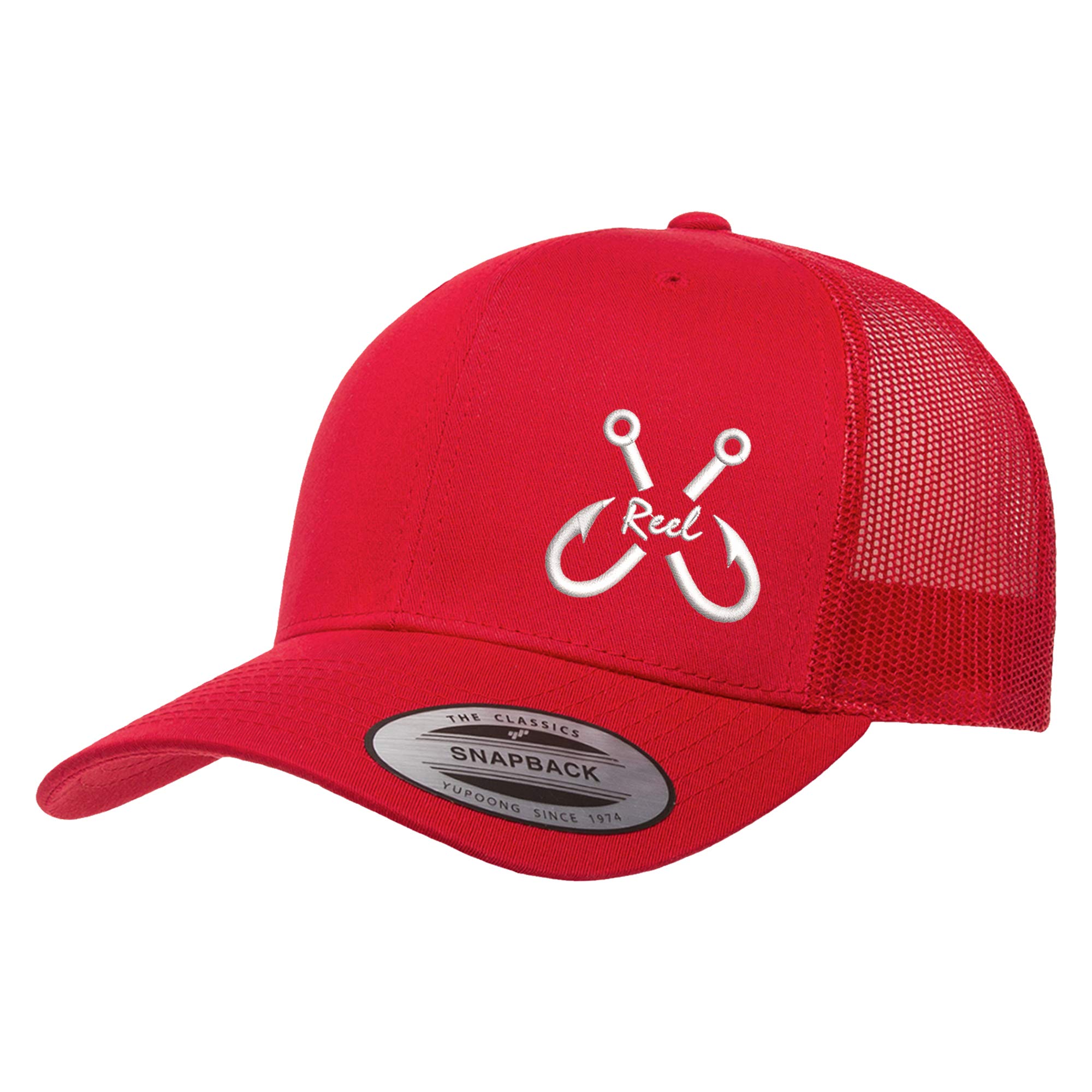 Embroidered Fishing Hooks & Reel Design Trucker Snapback Cap - Breathable Mesh Back Hat for Men & Women - Perfect for Fishing, Outdoor Adventures & Casual Wear