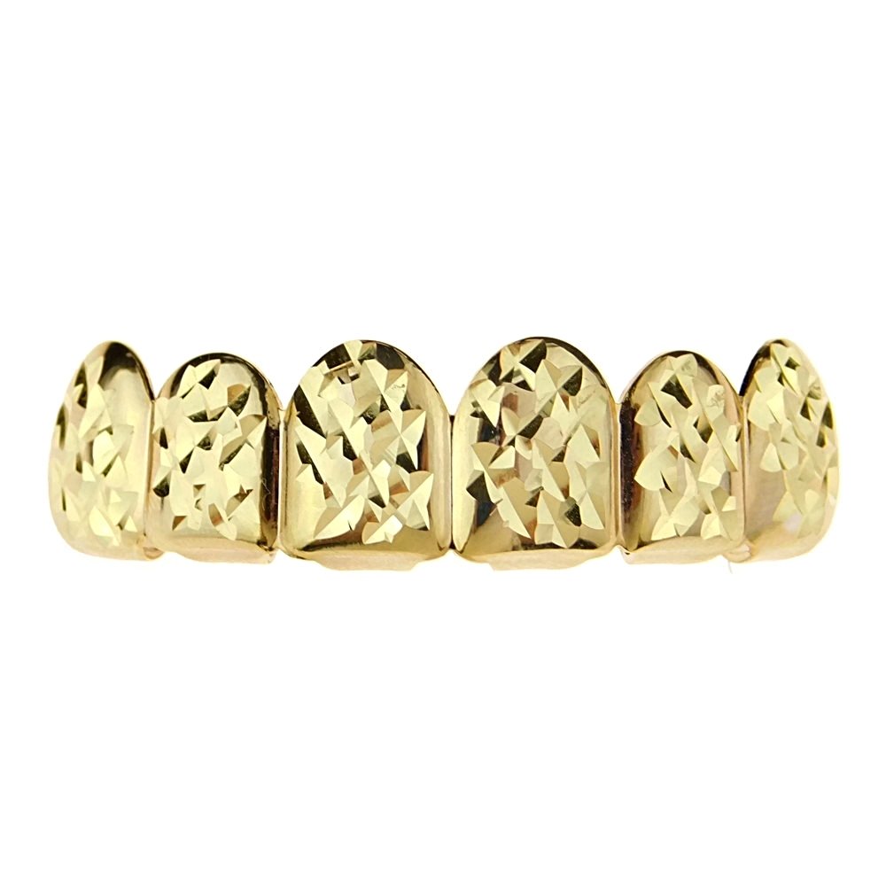 14K Gold Plated Hip Hop Grillz - Diamond Cut Upper Top 6 Teeth for Men & Women | Perfect for Rap Performances, Music Videos & Street Fashion