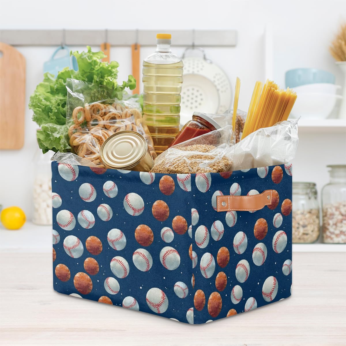 Foldable Baseball Pattern Storage Baskets with Handles - 2 Pack Decorative Shelf Organizer Bins for Home, Bedroom & Closet Organization