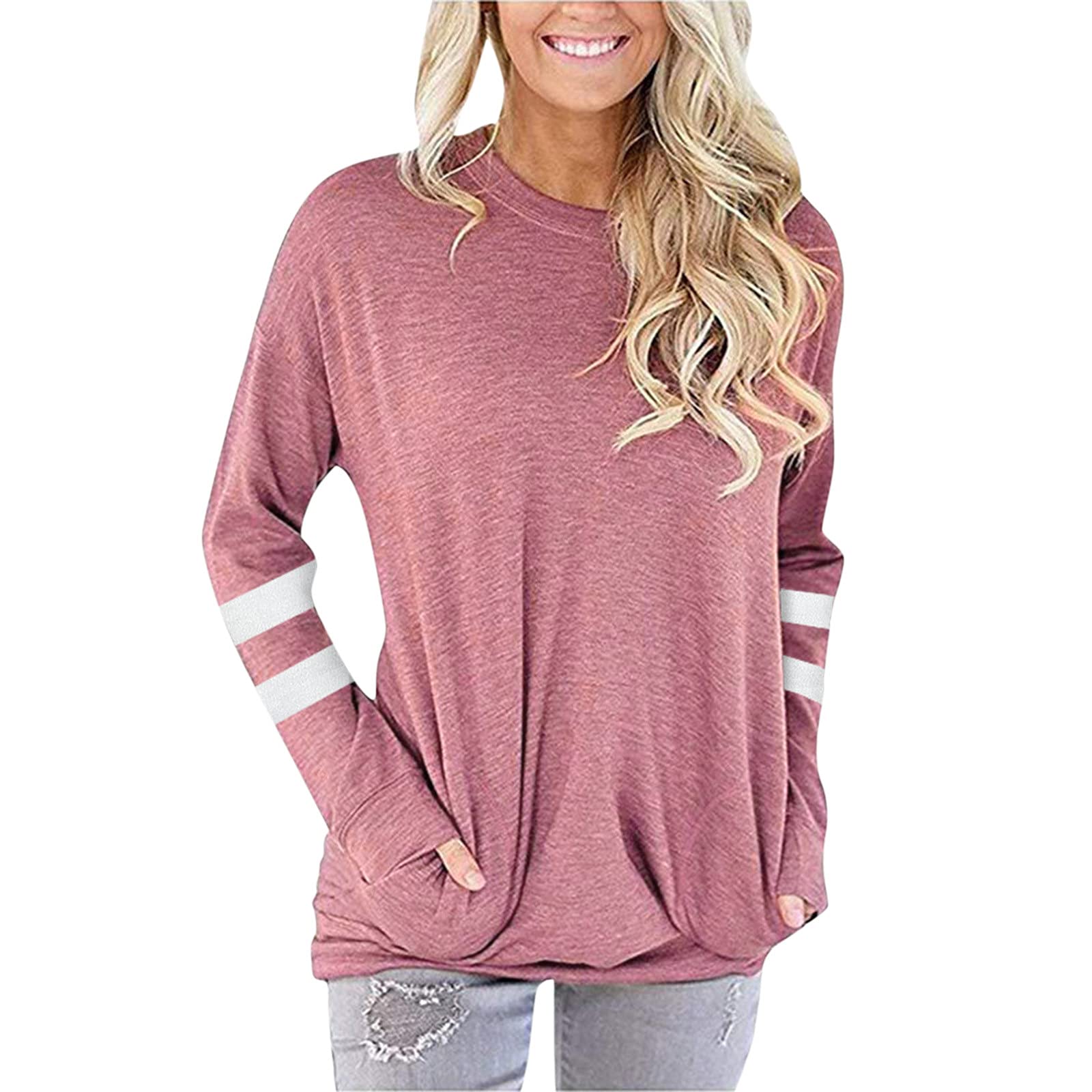 FMCHICO Women's Casual Color Block Long Sleeve Round Neck Pocket T-Shirt - Stylish Blouse & Sweatshirt Top for Everyday Wear, Work & Outings