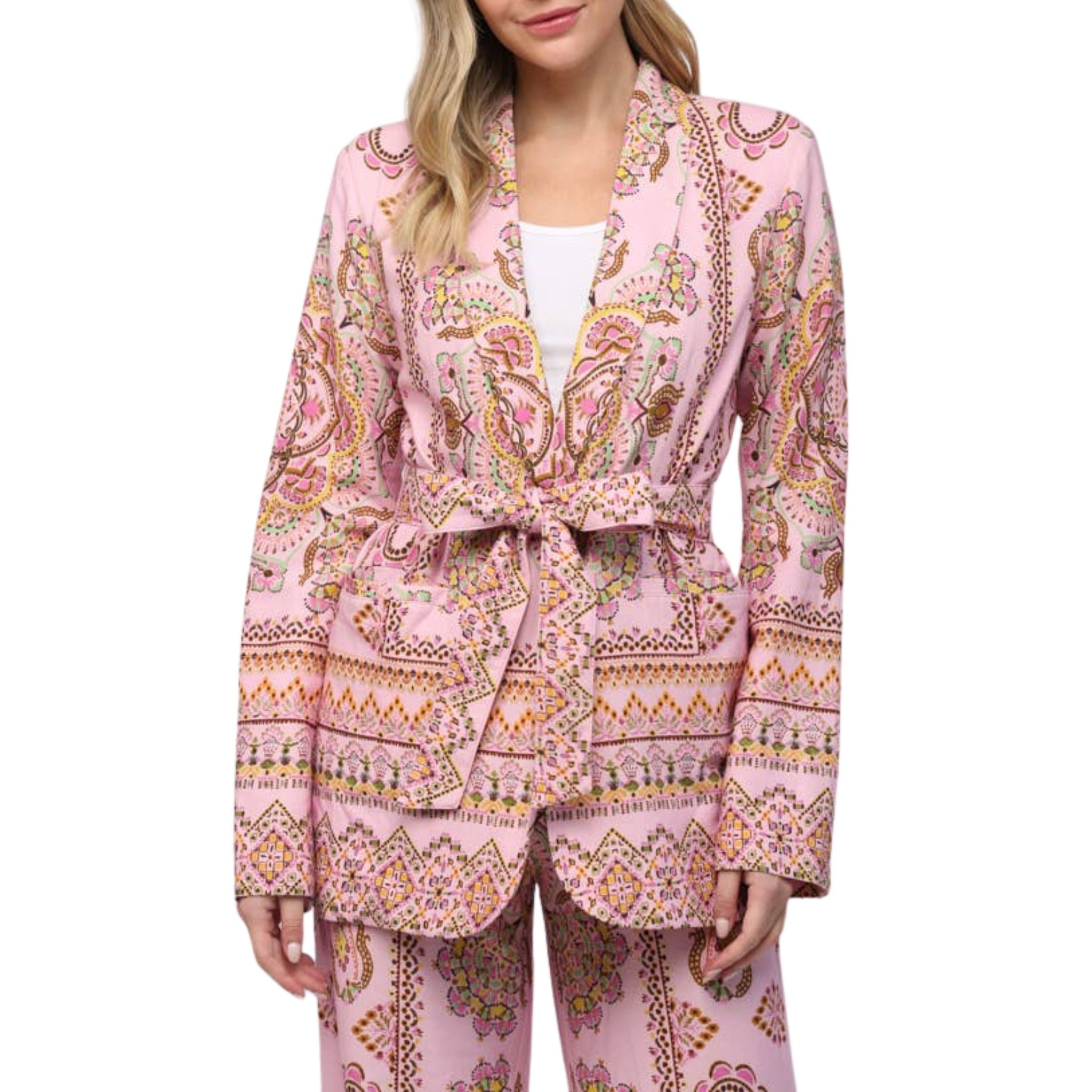 Stylish Border Print Linen Blend Blazer for Women - Lightweight Summer Jacket for Office Wear, Business Casual & Outdoor Events
