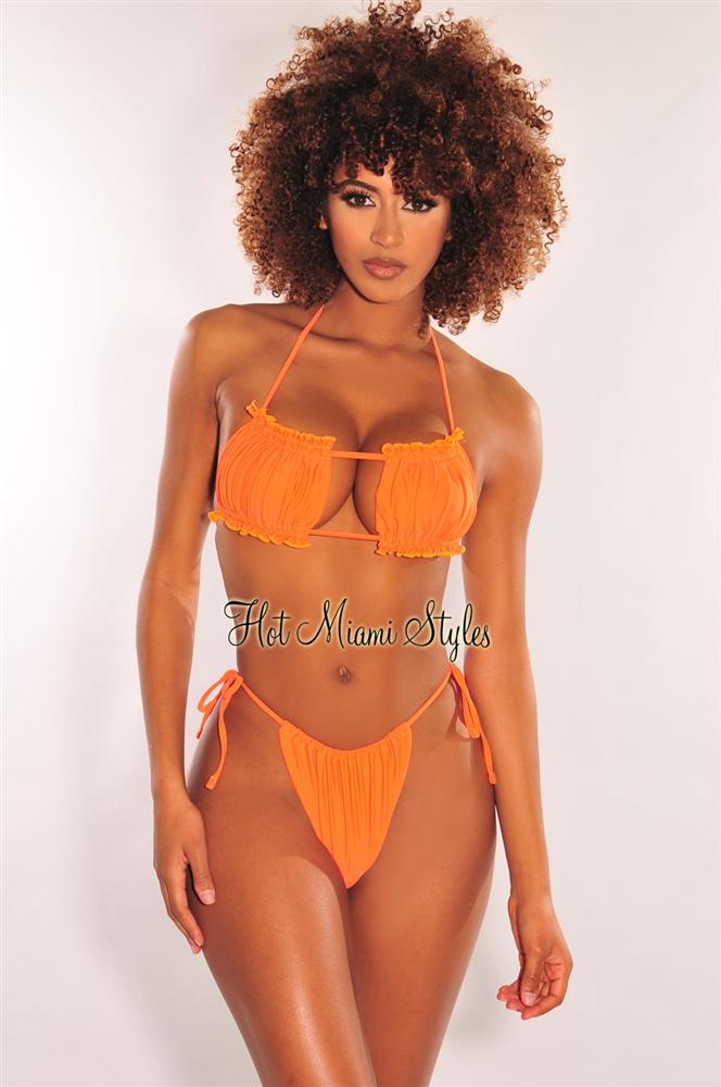 Sexy Tangerine Ruched Bust Frill Padded Bandeau Bikini Bottom - High Waisted Swimwear for Women, Summer Beach Vacation, Pool Party, Tropical Getaway