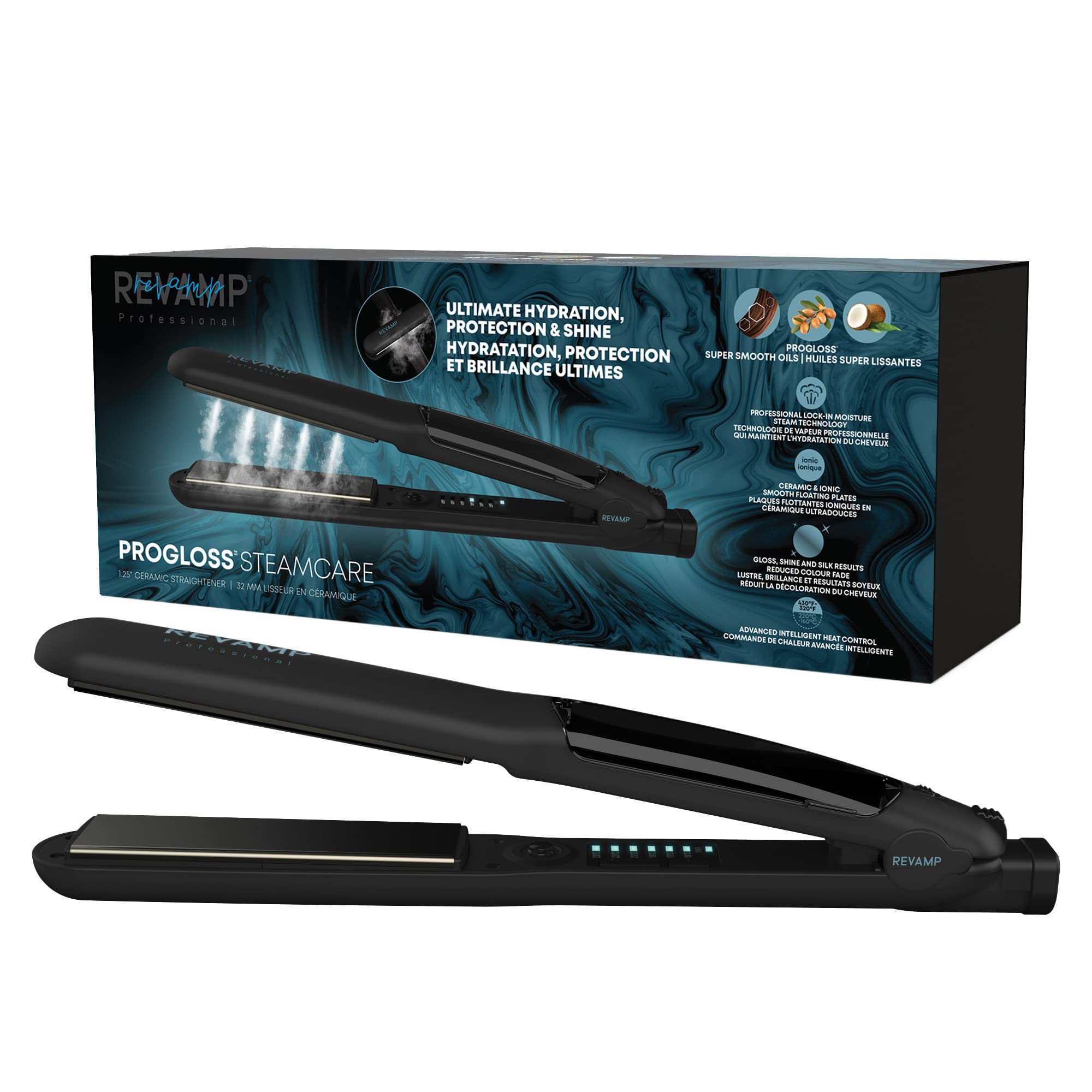 Revamp Progloss MoistureCare 1.25-Inch Flat Iron Hair Straightener – Keratin, Argan & Coconut Oil Infused Ceramic Ionic Steam Straightener with Floating Plates, Auto Shut Off for Home & Salon Use
