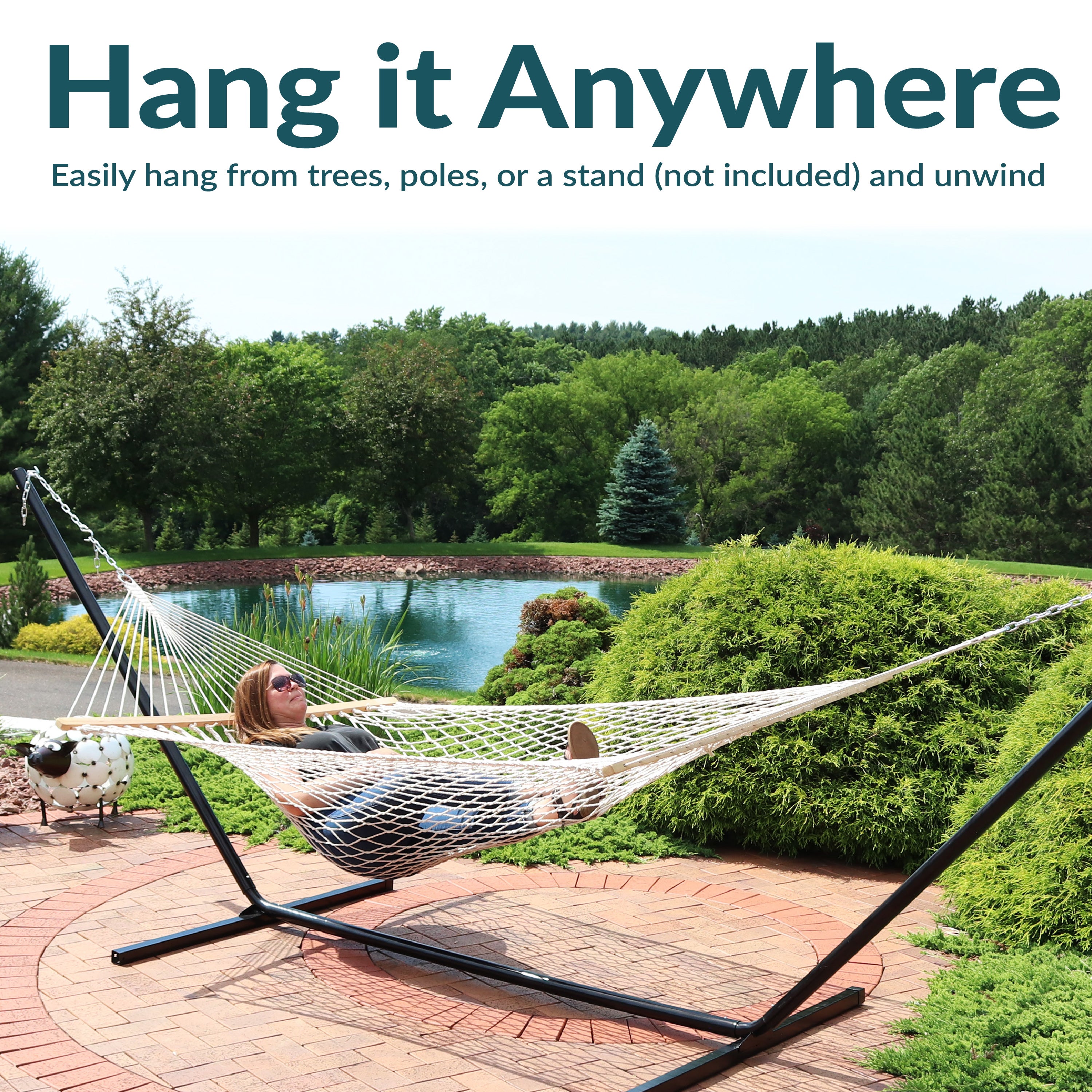Sunnydaze Double Wide 2 Person Spreader Bar Rope Hammock - Heavy Duty Outdoor Hammock for Patio, Backyard, Poolside & Beach Relaxation