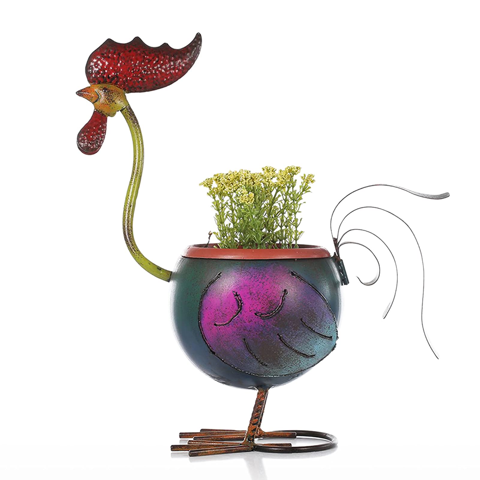 VELIHOME Vintage Metal Handmade Cock Figure Planter - Decorative Flower Pot for Succulents, Herbs & Small Plants - Desktop Organizer for Home, Office & Garden Decor