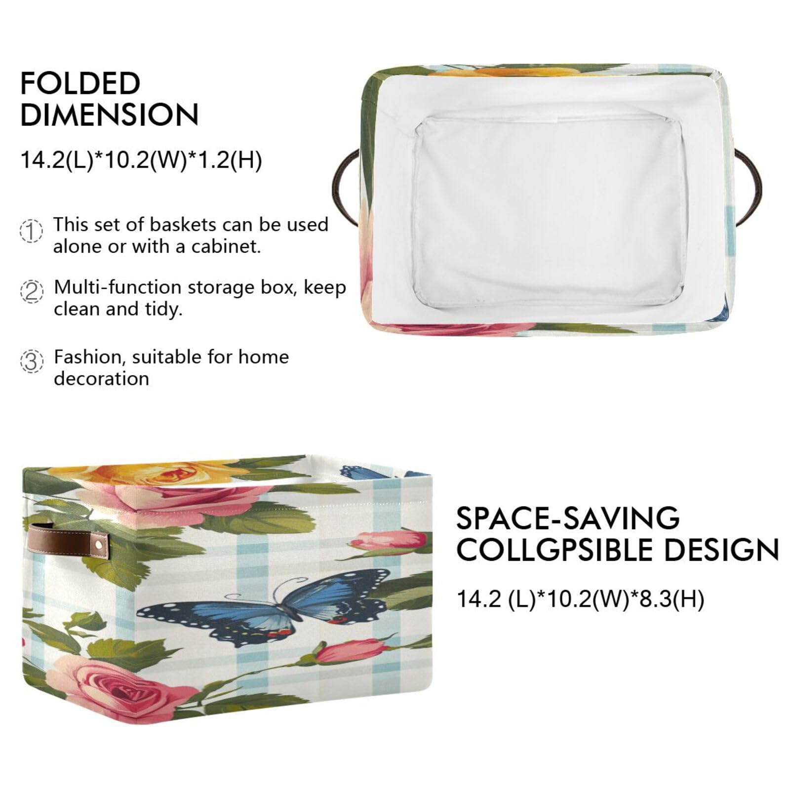 Large Foldable Storage Baskets with Handles - 2 Pack Checkered Rose Pattern for Home Organization, Closet & Shelf Storage | Perfect for Bedroom, Bathroom & Kids Room Organization