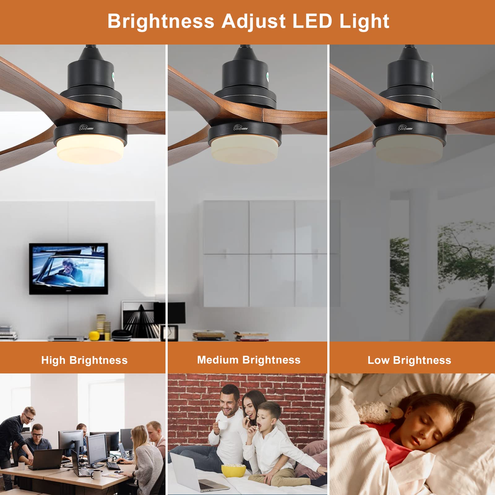Sofucor 52 Inch Indoor Outdoor Ceiling Fan with Light Kit and Remote Control - 3 Speed Reversible Quiet DC Motor, 3 Walnut Wood Blades - Perfect for Bedroom, Living Room, Patio and Covered Porch