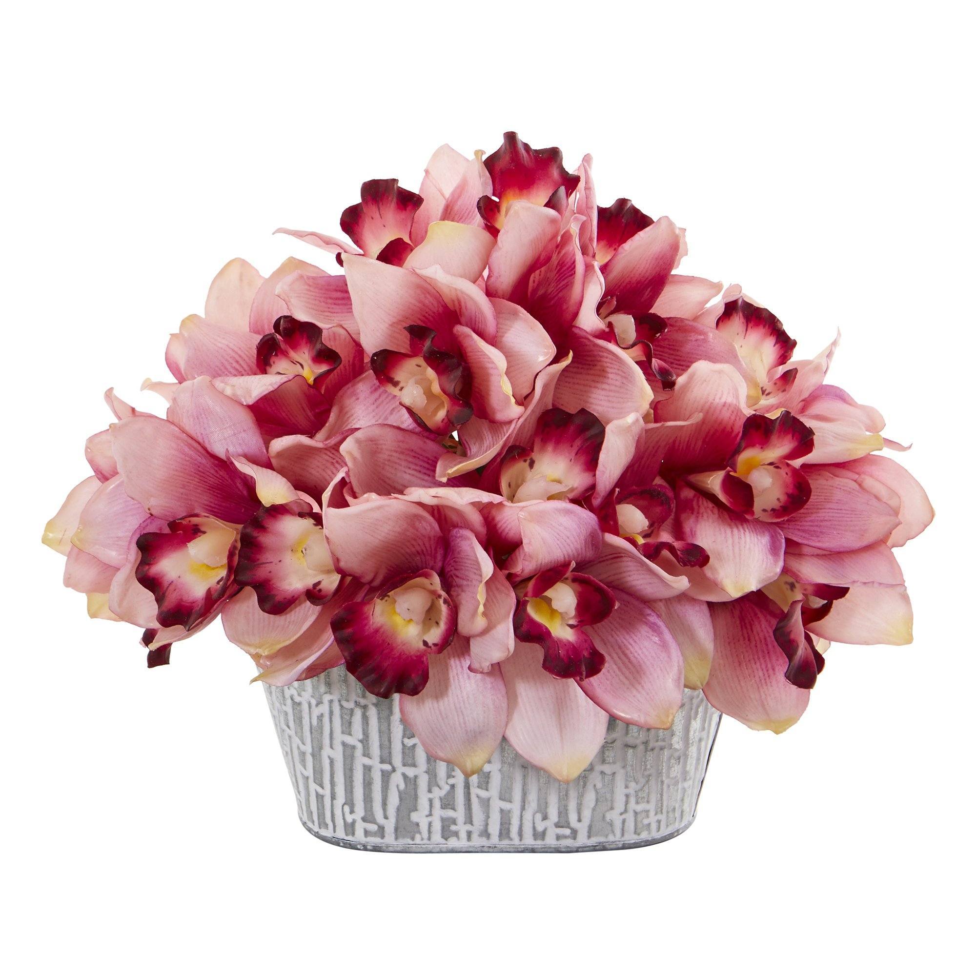12 Inch Cymbidium Orchid Arrangement in White Tin Vase - Elegant Home Decor, Wedding Centerpiece & Office Floral Gift