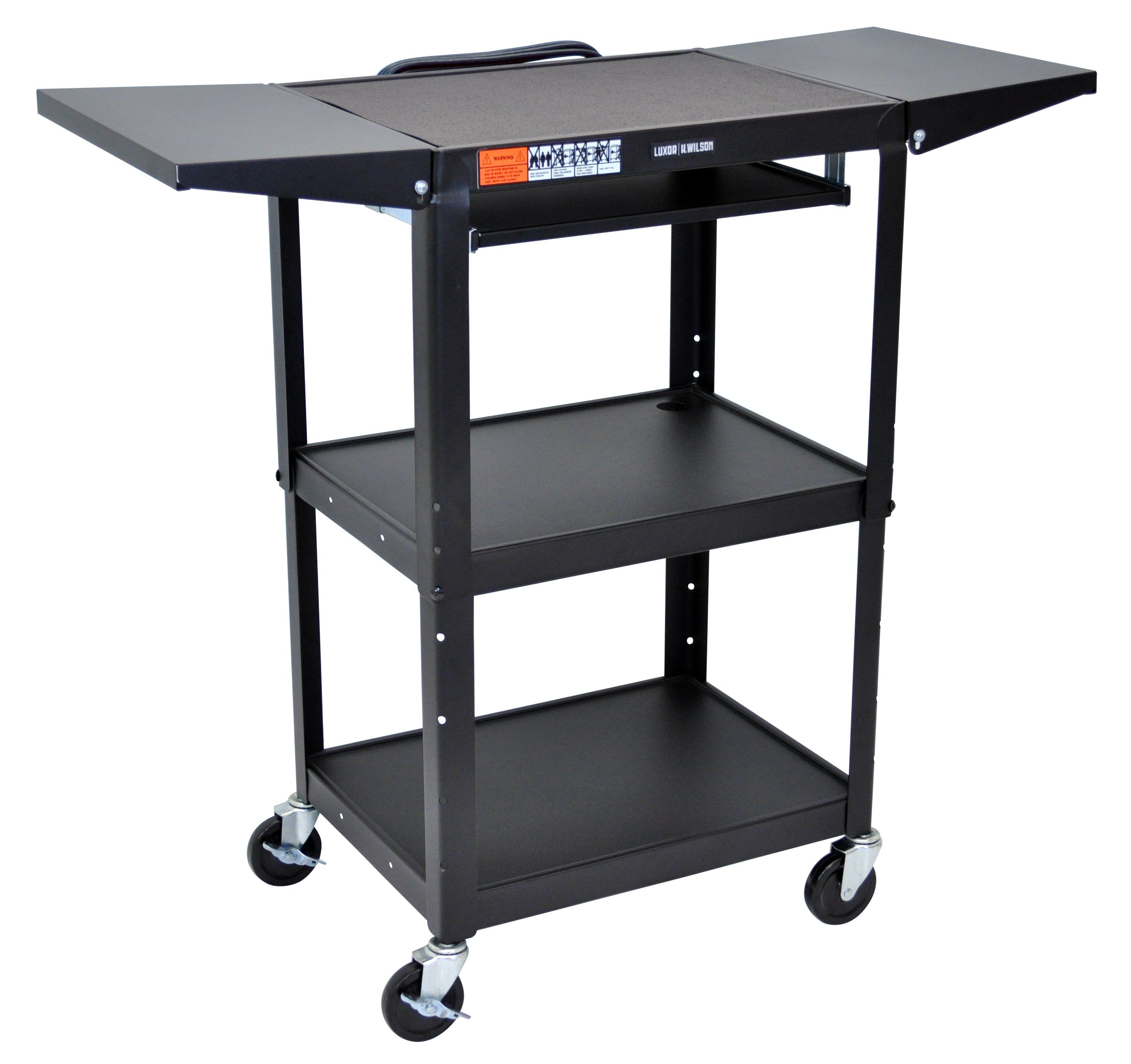 Adjustable Height Black Metal A/V Cart with Pullout Keyboard Tray & 2 Drop Leaf Shelves - Perfect for Home Office, Classroom, or Conference Room Media Storage
