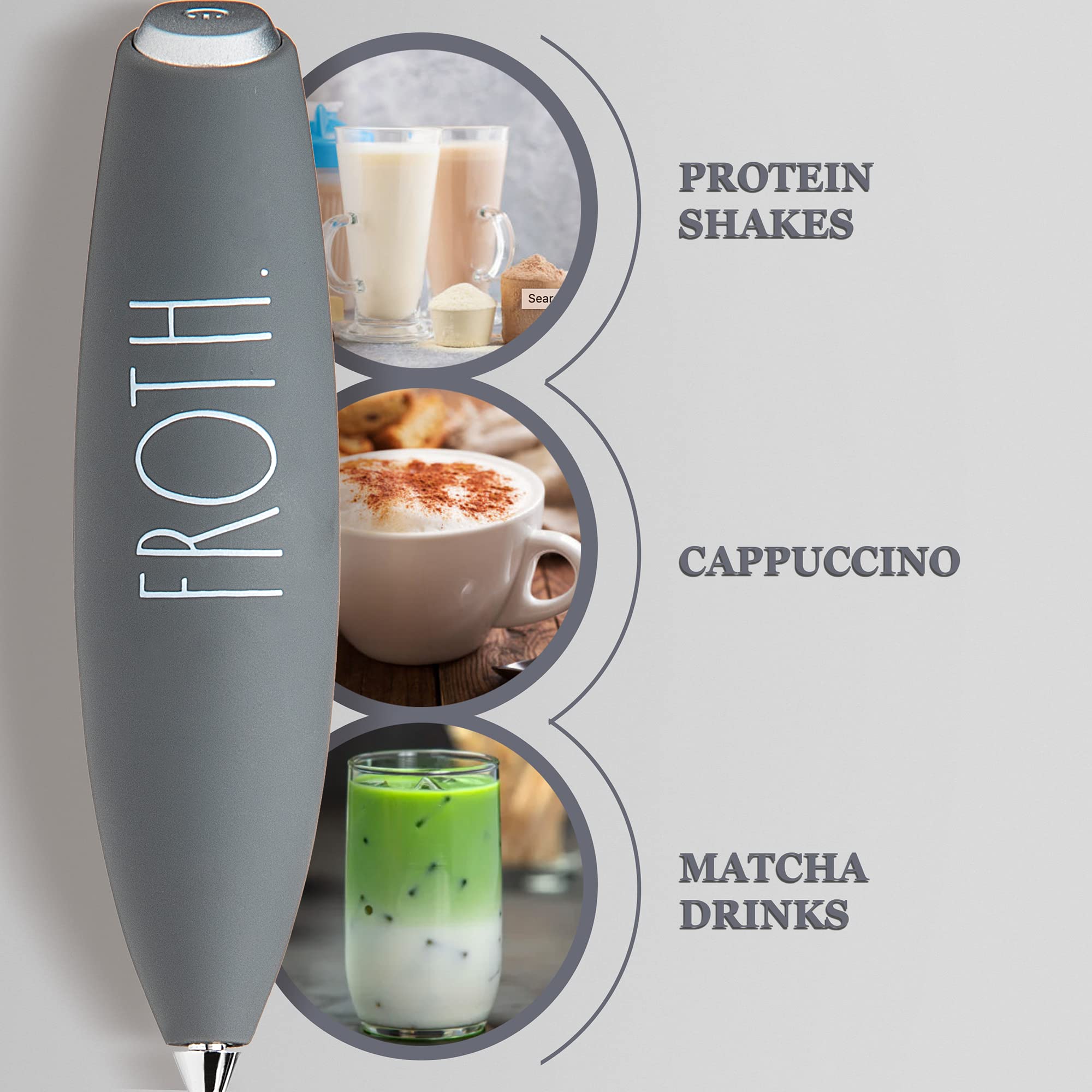 Rae Dunn Electric Milk Frother - Handheld Drink Mixer for Coffee, Latte, Cappuccino & Hot Chocolate | Battery Operated Milk Foamer & Frappe Maker | Perfect for Home, Office & Cafe Use (Grey)