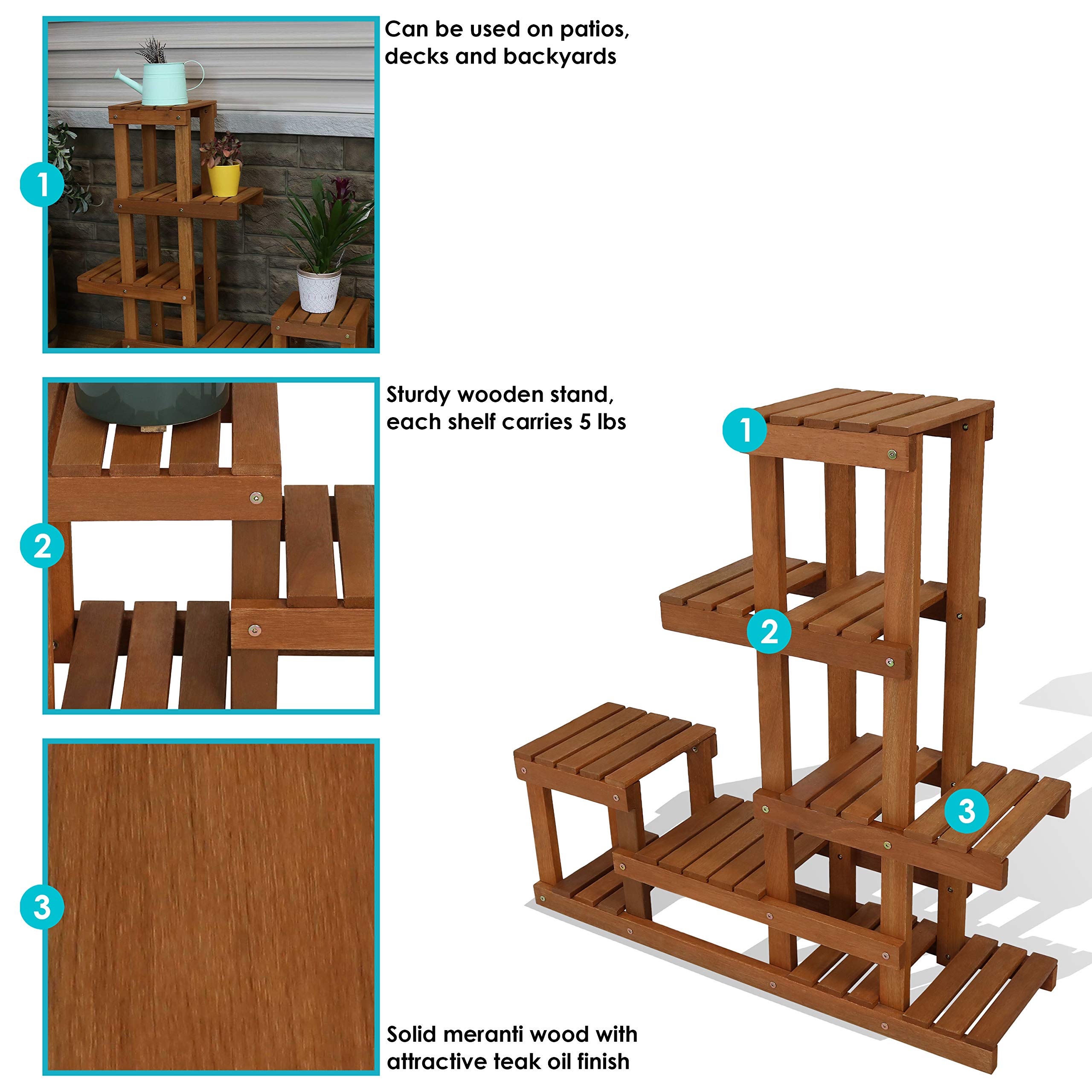 Sunnydaze 36-Inch Meranti Wood Indoor/Outdoor Multi-Tiered Plant Stand with Teak Oil Finish - Perfect for Patio, Garden, Balcony & Home Decor