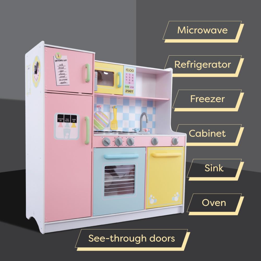 KidKraft Large Wooden Play Kitchen for Kids - Pastel Design with Turning Knobs, See-Through Doors & Play Phone - Pretend Cooking Toy for Ages 3+ - Perfect for Imaginative Play & Birthday Gifts