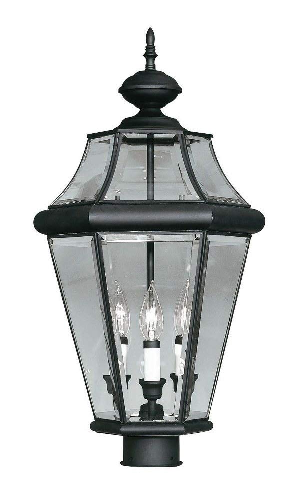 Livex Lighting 2364-04 Black Outdoor Post Light with Clear Beveled Glass Shades - Perfect for Porch, Patio, Garden, and Pathway Lighting