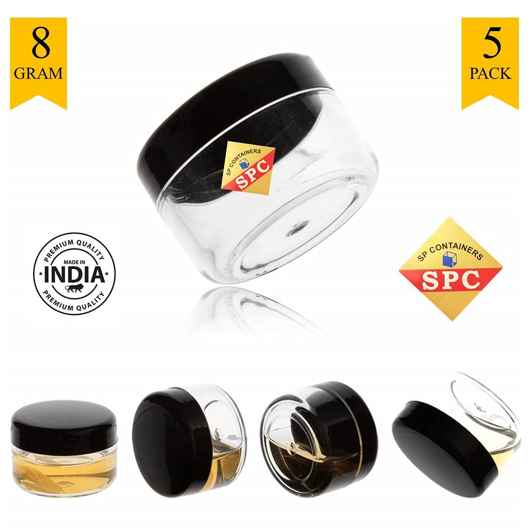 SPC Empty Acrylic San Jar - 8ml Transparent Cosmetic Containers with Leakproof Inner Lids (Pack of 5, Black) - Perfect for Lip Balms, Lip Scrubs, Body Butters, Eyeshadow & DIY Makeup - Ideal for Home Beauty Storage, Travel & Professional Salon Use