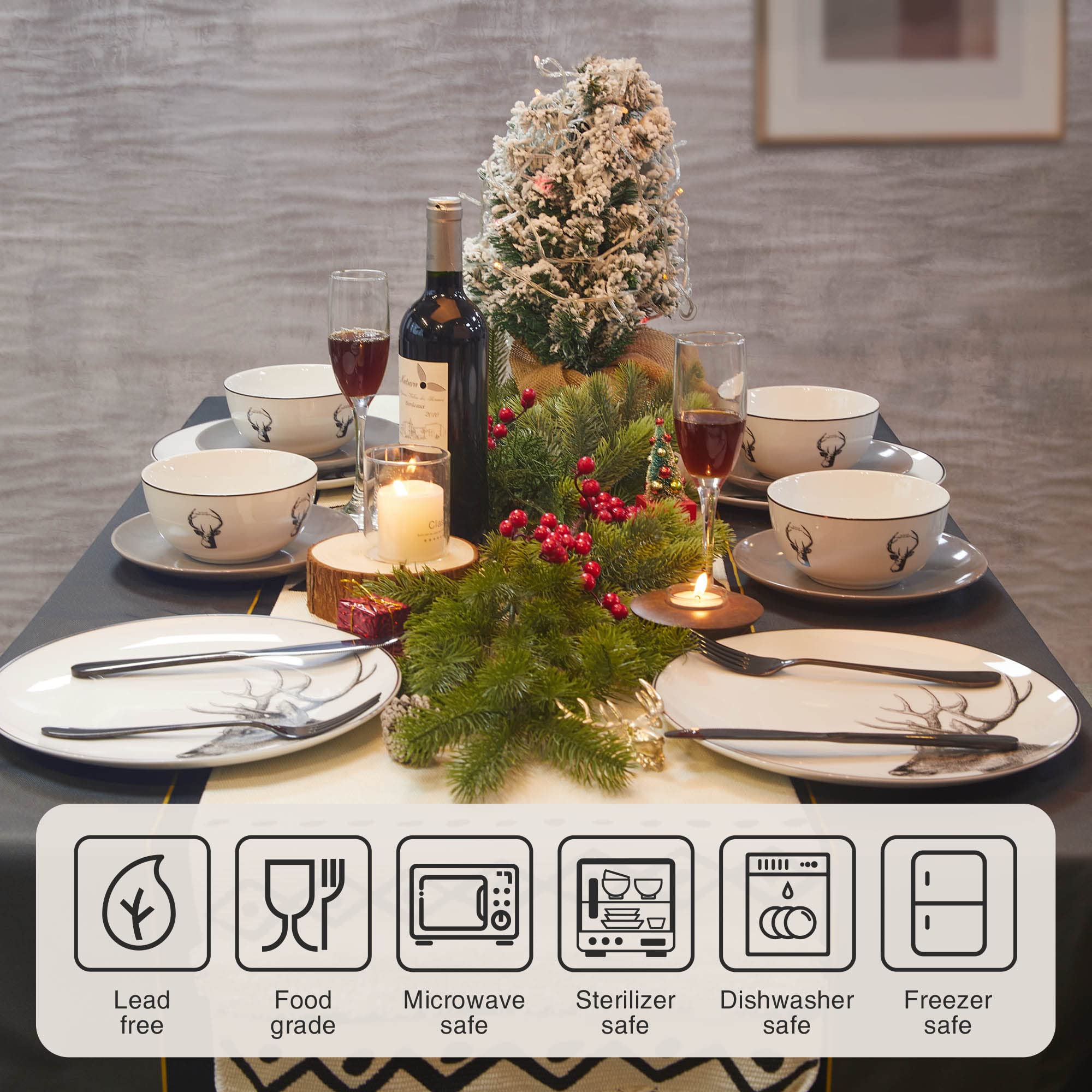 18-Piece Rustic Deer Dinnerware Set - Ceramic Plates & Bowls for 6, Microwave & Dishwasher Safe - Perfect for Holidays & Family Dinners