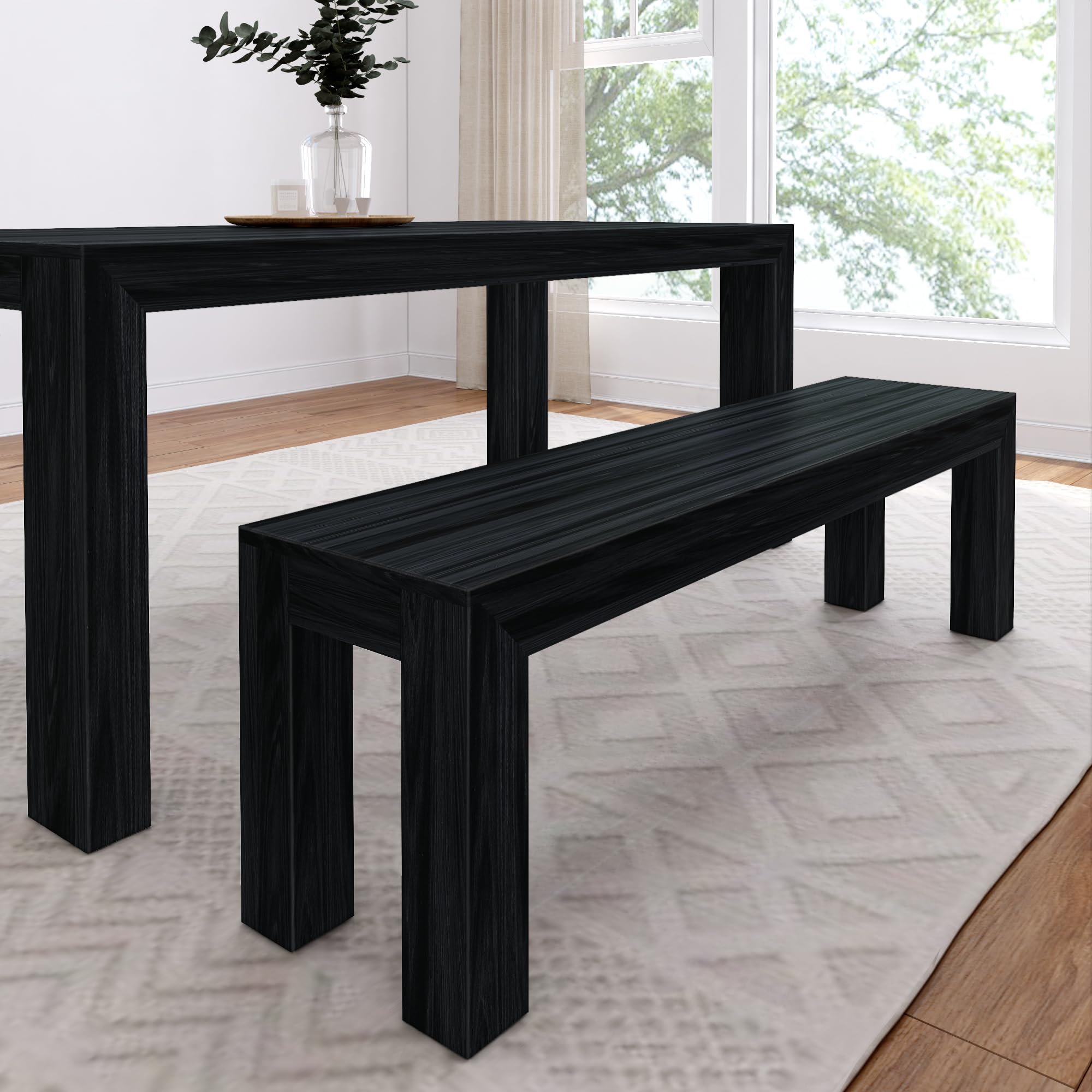 60 Inch Solid Wood Dining Bench for Kitchen & Dining Room - Black Wirebrush Finish - Fits 72 Inch Tables - Indoor/Outdoor Entryway & Patio Seating