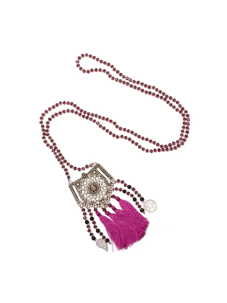 Elegant Long Crystal Purple Necklace with Intricate Patterned Metal Pendant - Perfect for Evening Parties, Weddings & Special Occasions