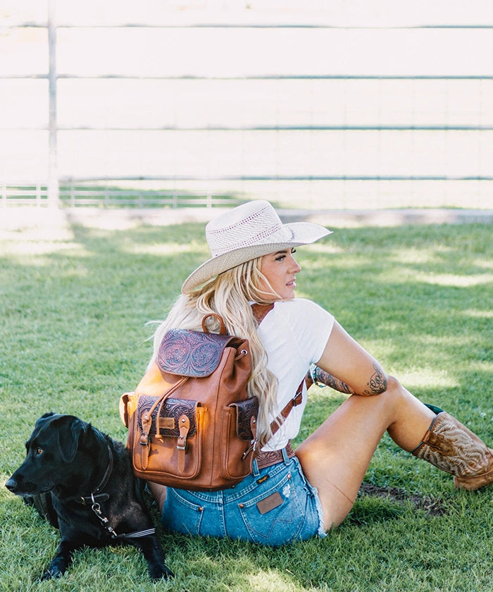 Wrangler Floral Tooled Concealed Carry Backpack for Women & Men - Tactical EDC Hiking Daypack with Hidden Gun Pocket - Perfect for Outdoor Adventures, Travel & Everyday Use