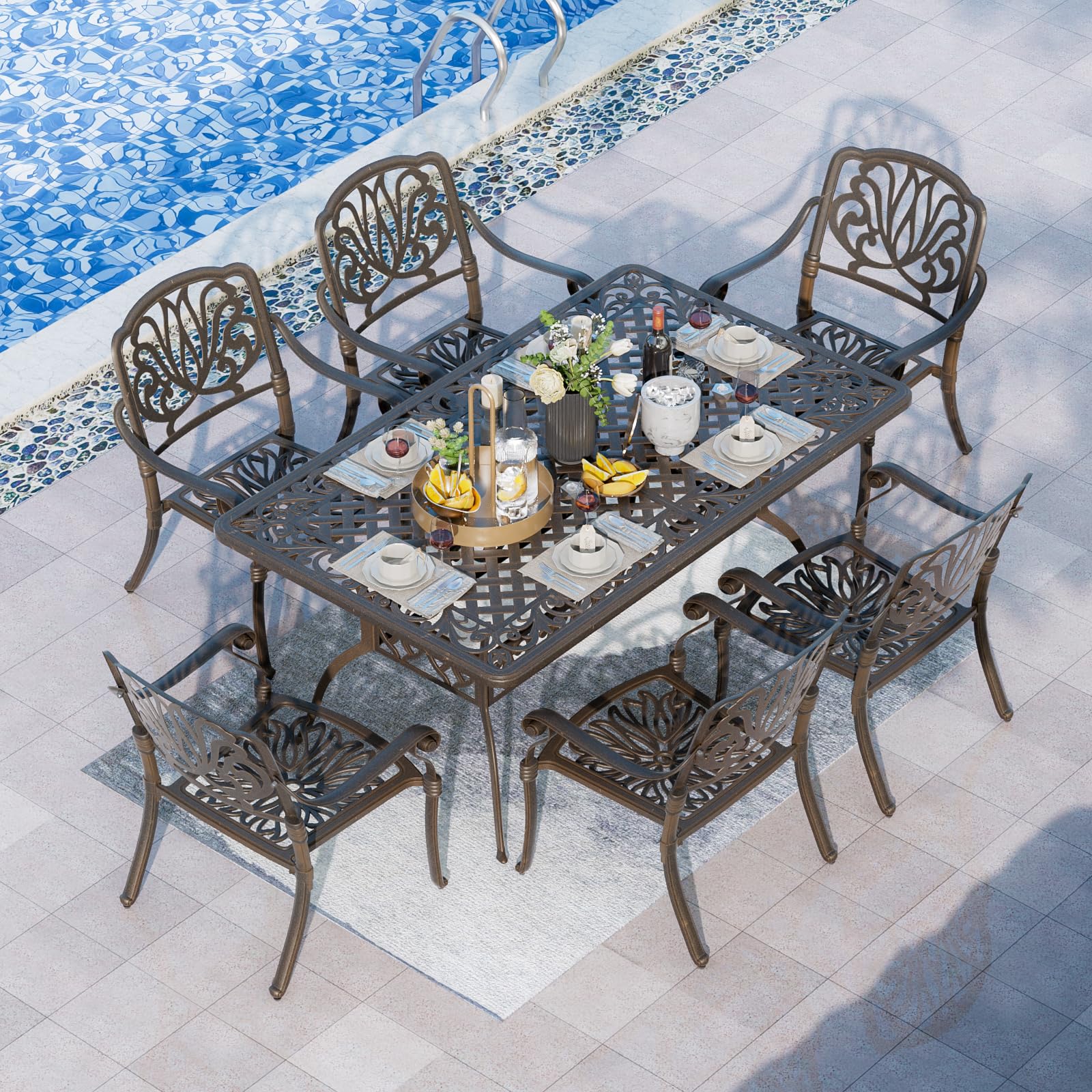 Grepatio 7-Piece Outdoor Dining Set - Cast Aluminum Patio Furniture with 6 Flower Chairs & Table for Backyard, Garden, Deck, Poolside | Perfect for Outdoor Entertaining, BBQ Parties & Relaxing in Your Yard