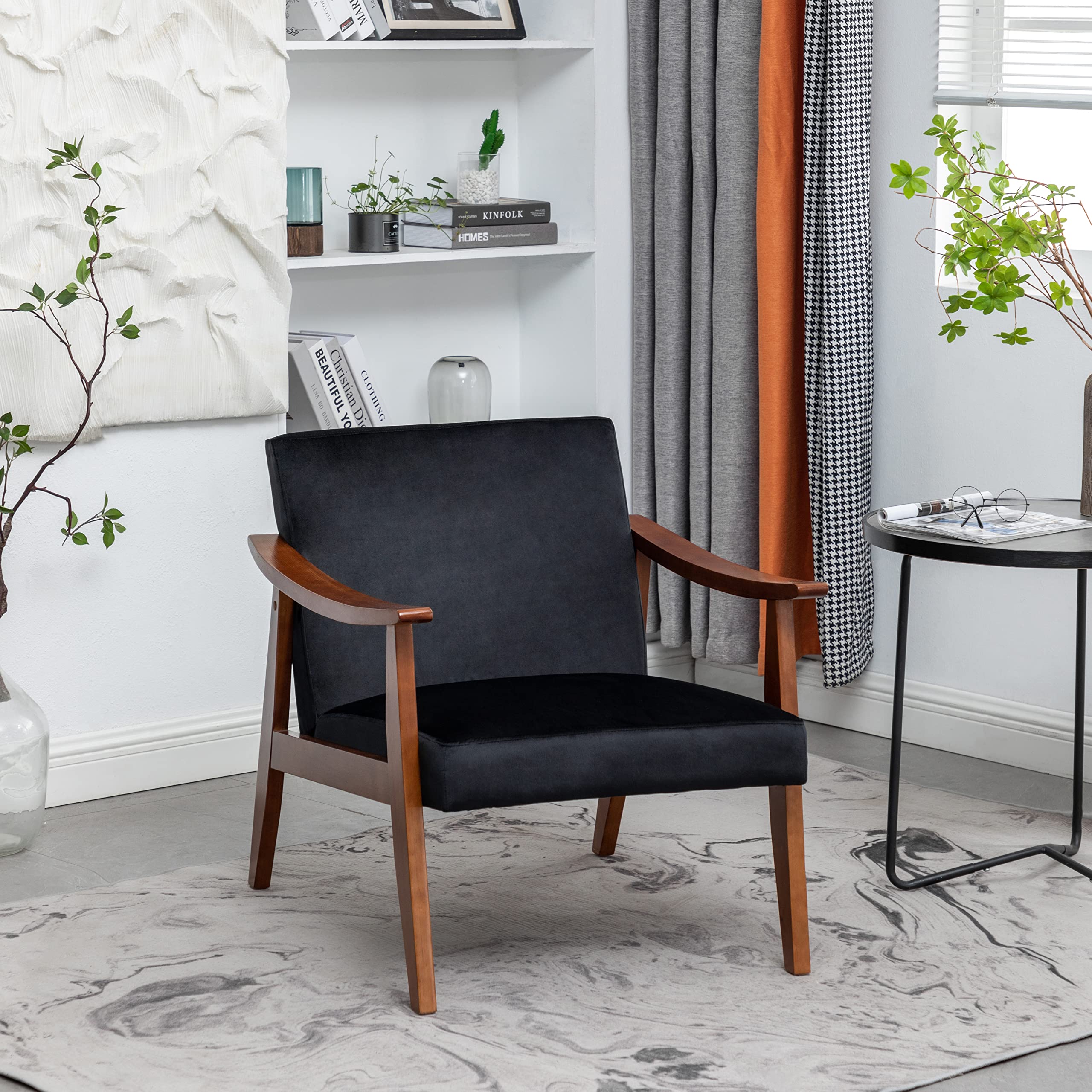 Velvet Upholstered Accent Chair with Solid Wood Frame - Mid-Century Modern Living Room Furniture for Extra Seating - Black - Perfect for Home Office, Reading Nook & Lounge Areas