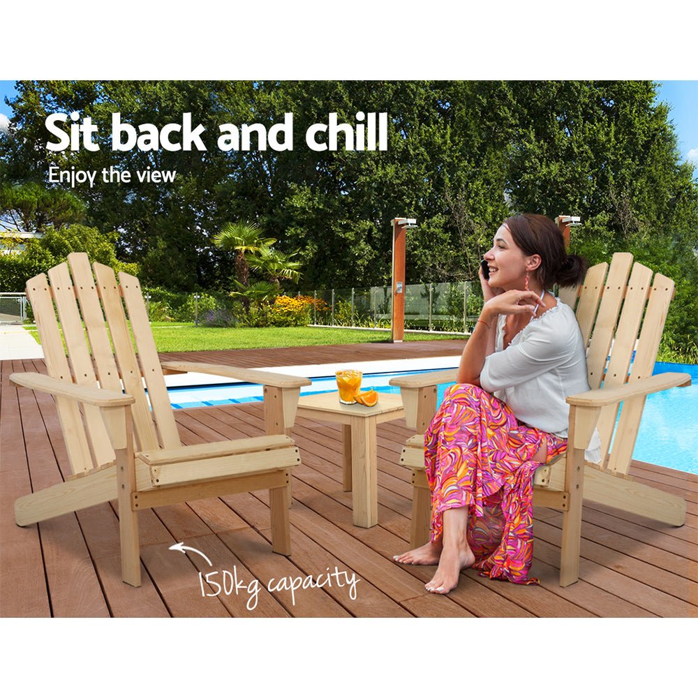 3PC Natural Wood Adirondack Outdoor Table and Chairs Set - Patio, Garden, Beach Furniture for Relaxing in Backyard or Seaside