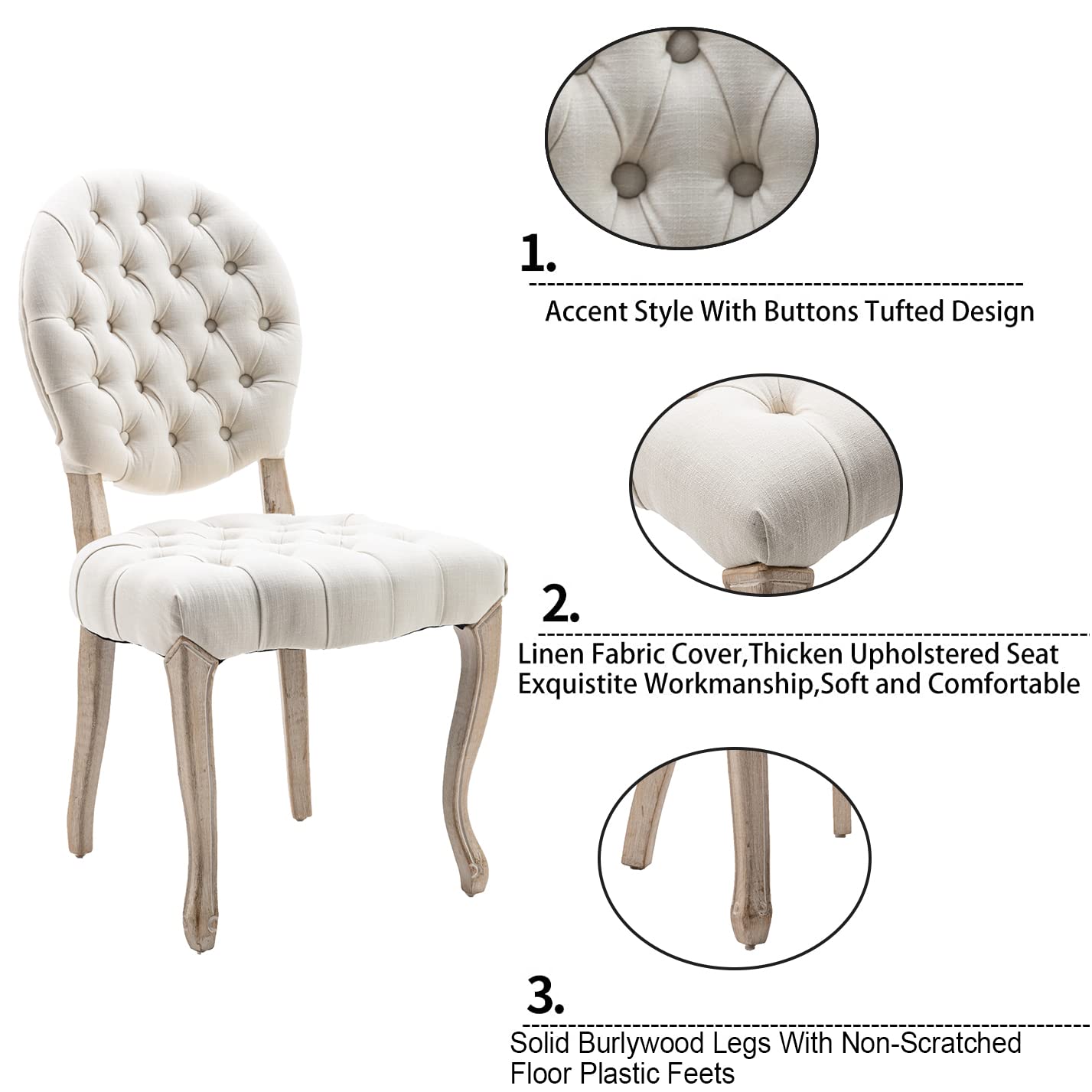 Yoluckea Mid-Century Modern Tufted Dining Chairs Set of 2 - Upholstered French Style Oval Back Chairs with Solid Wood Legs, Traditional Linen Fabric Kitchen & Dining Room Chairs for Dinner Table, Meeting Table, Breakfast Nook & Home Office
