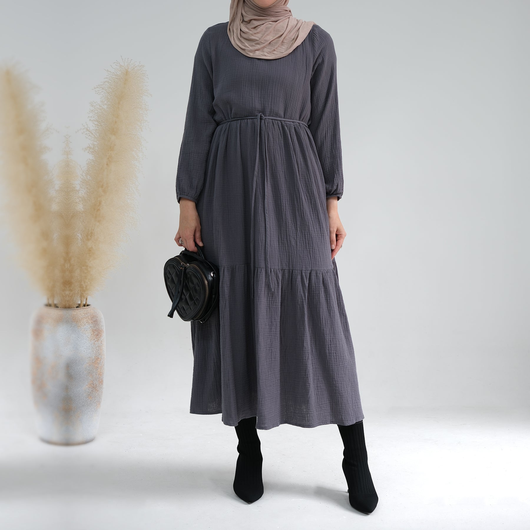 Long Sleeve Prairie Maxi Dress for Women - Flowy Boho Vintage Style Gray Midi Dress - Perfect for Casual Outings, Date Nights & Fall Weddings
