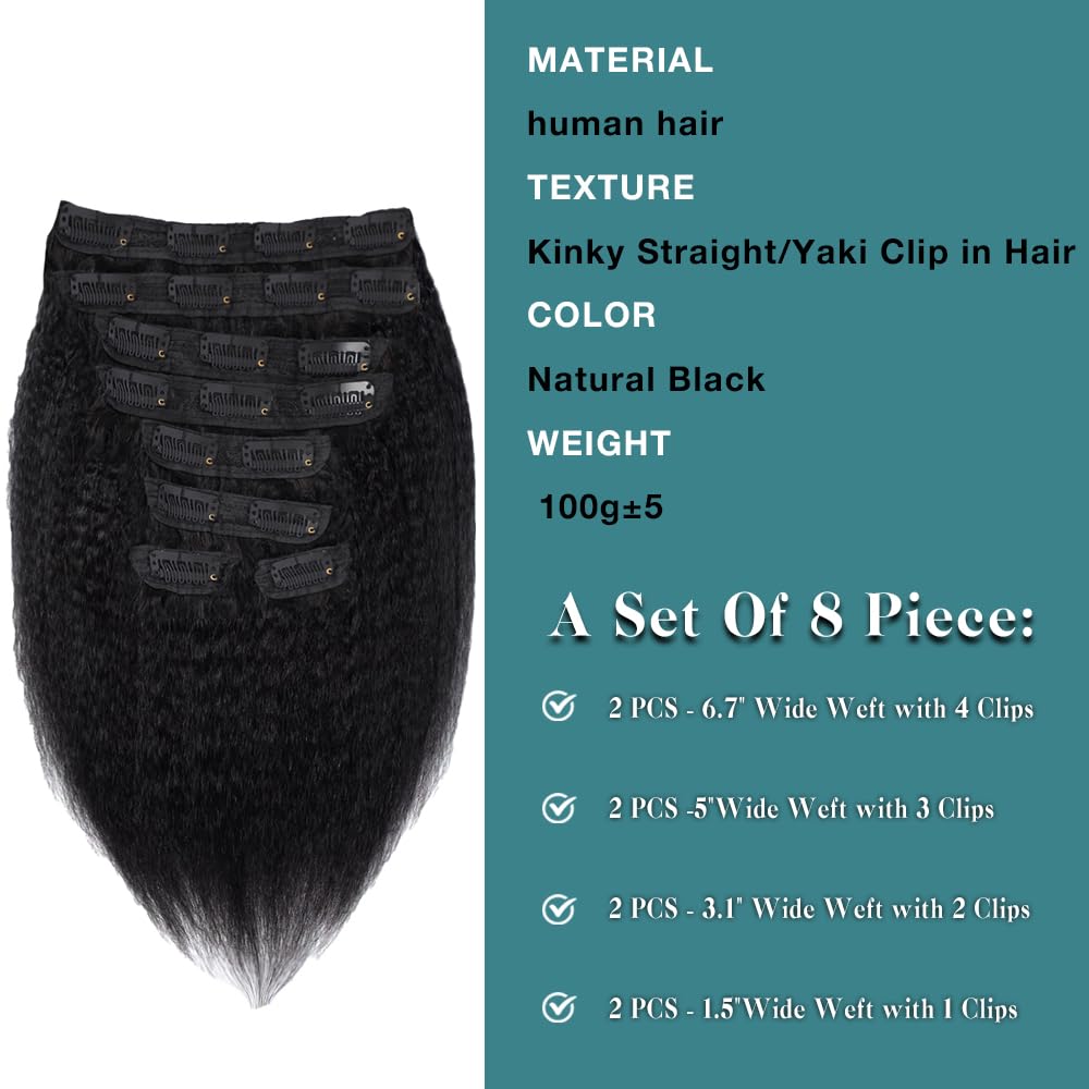 Kinky Straight Clip-in Hair Extensions 8A Brazilian Human Hair - 8pcs 20 Clips 100g Set (14 Inch) for Black Women | Natural Color Real Human Hair Weave | Perfect for Daily Styling, Parties & Special Occasions
