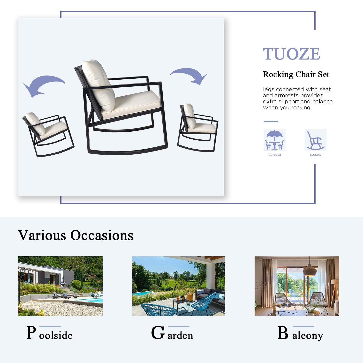 Tuoze Outdoor Patio Furniture Set - 3-Piece Wicker Bistro Conversation Set with Rocking Chairs & Glass Coffee Table, Beige - Perfect for Garden, Backyard, Poolside or Balcony Relaxation