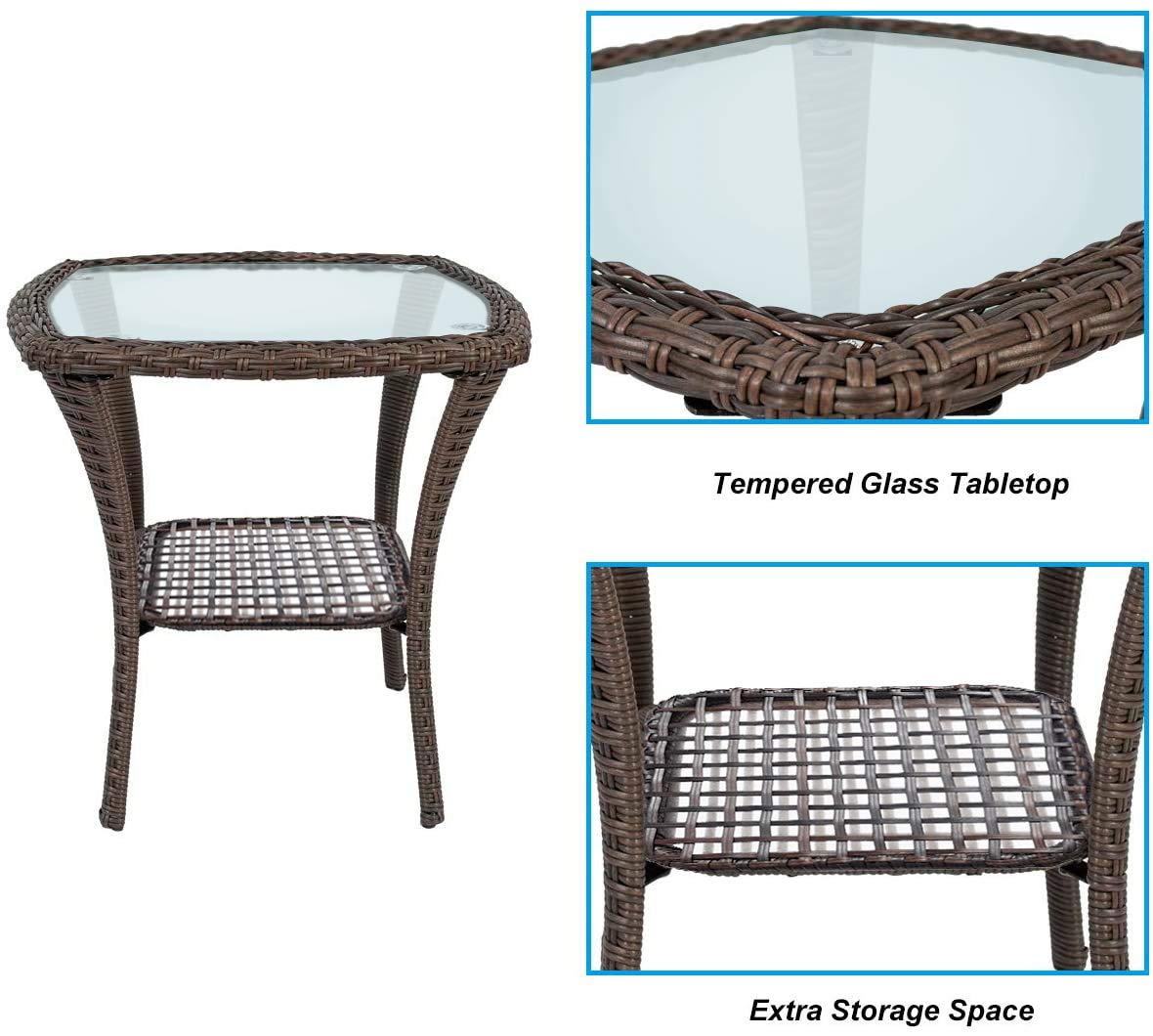 ATR ART TO REAL 20''x20''x20'' All-Weather Wicker Coffee Table with Tempered Glass Top - Indoor/Outdoor Square Storage End Table with Steel Frame - Perfect for Patio, Garden, Living Room & Balcony Decor