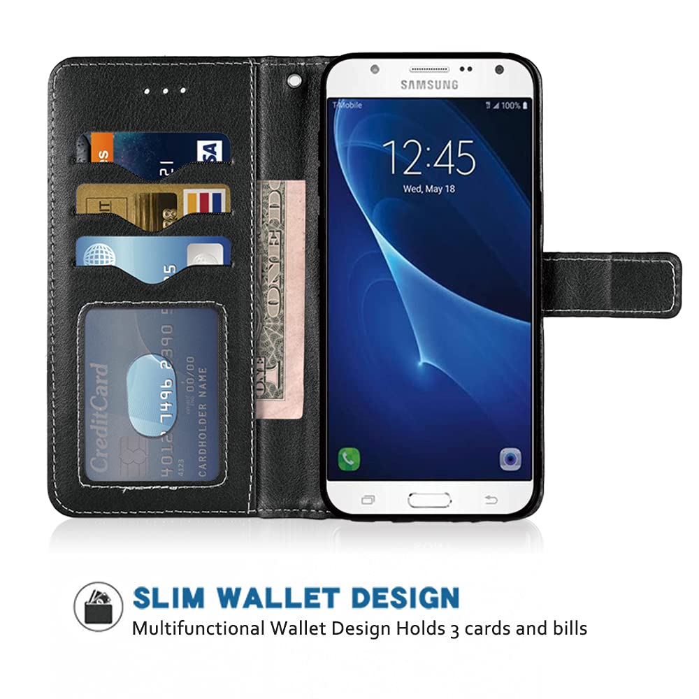 Samsung Galaxy J7 2015 Wallet Case - Leather Flip Cover with Wrist Strap & Card Holder - Compatible with SM-J700/J700F/J700H (Black) | Perfect for Everyday Use, Travel, and Hands-Free Convenience